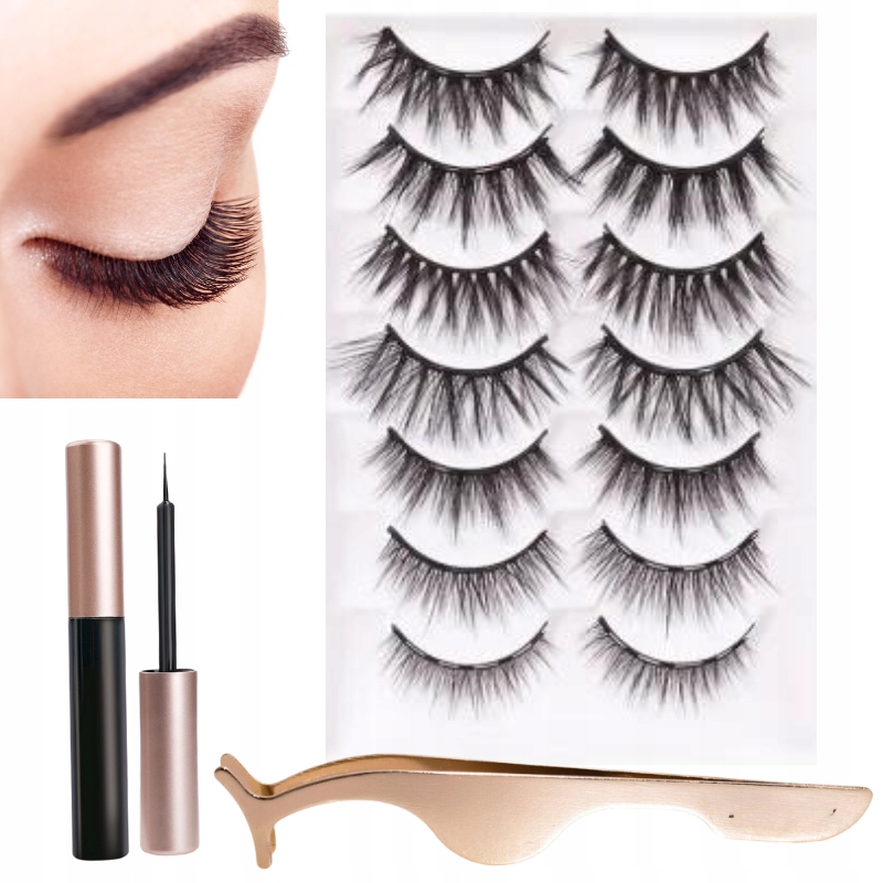 RZĘSY DŁUGIE MAGNETYCZNE 7 PAR +PĘSETA+2X EYELINER Kolor czarny