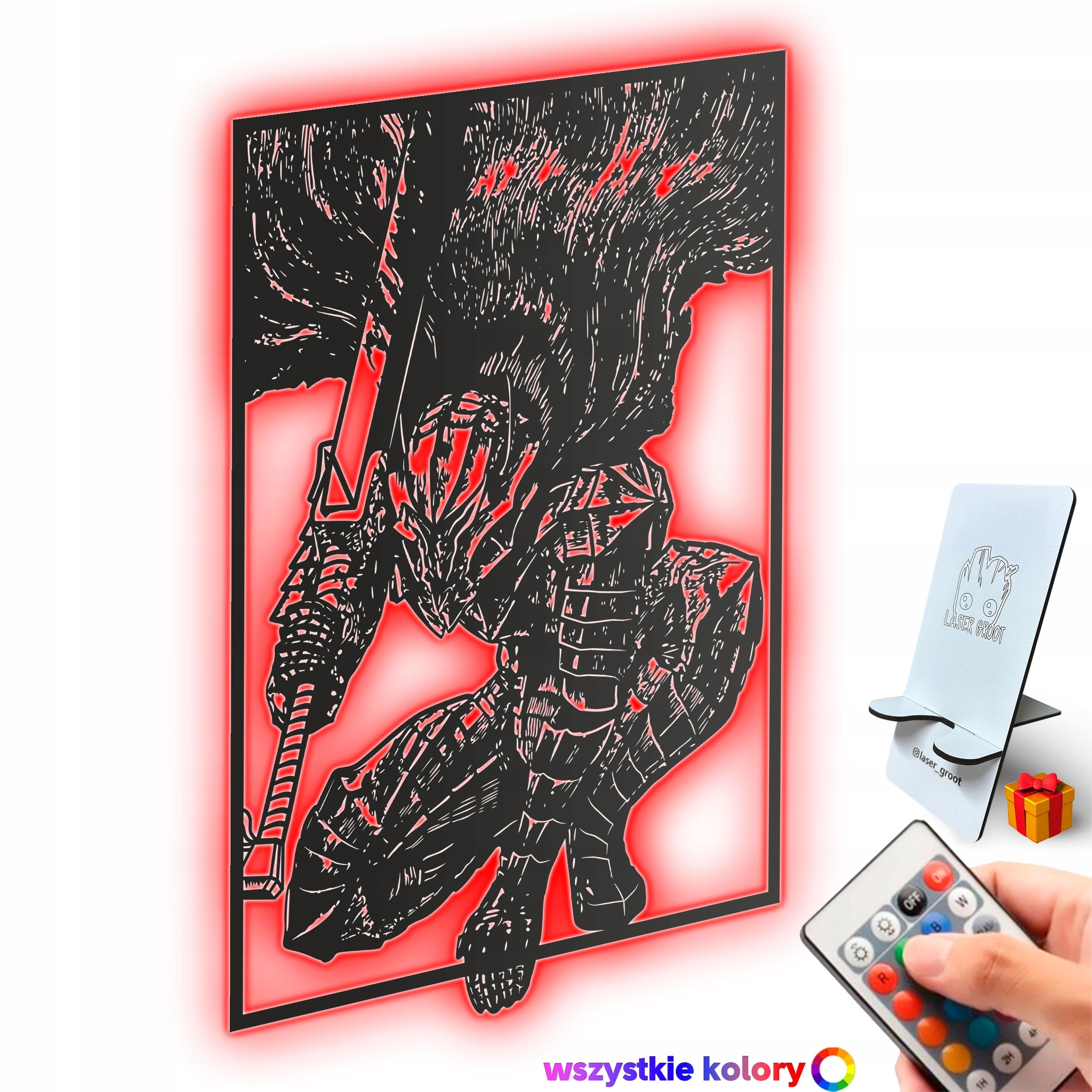 Dřevěný 3D obraz Anime Berserk Guts Nástěnný Dárek Noční Lampa Led XL