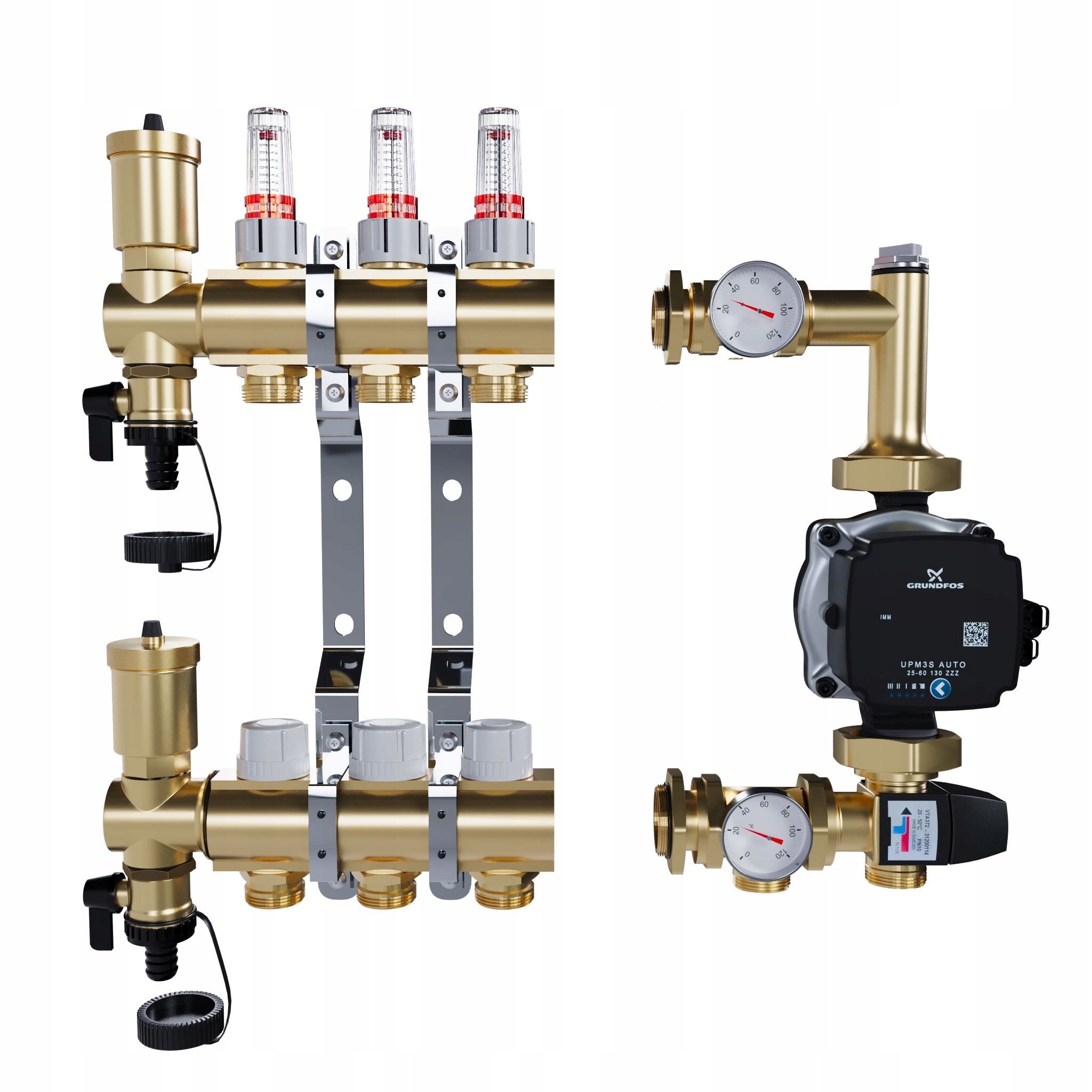 Rozdělovač pro podlahové topení 3 mosazné sekce Pompa Grundfos