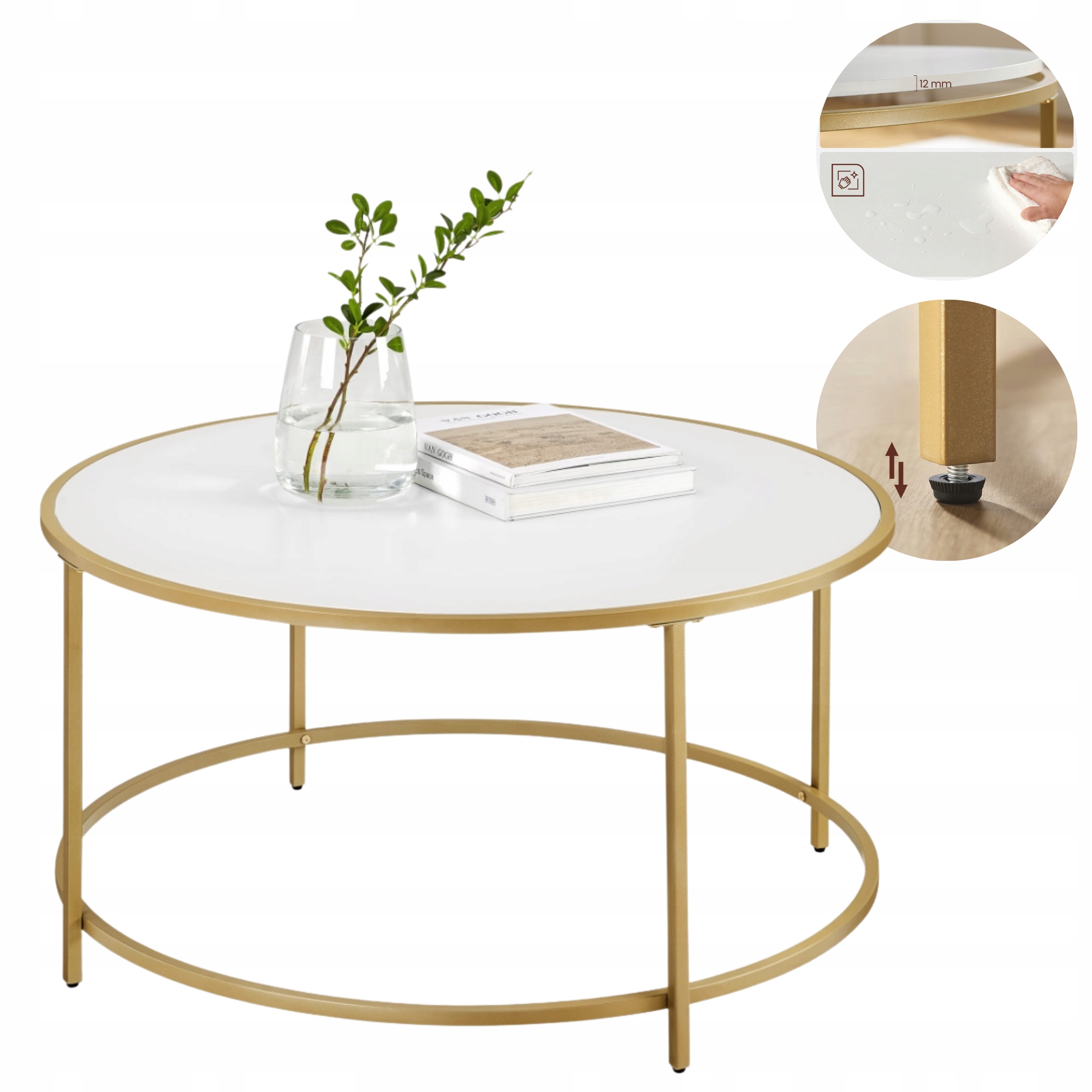 Konferenčný Stolík Okrúhla moderná lavica do obývačky Zlatá, Biela Doska Glamour