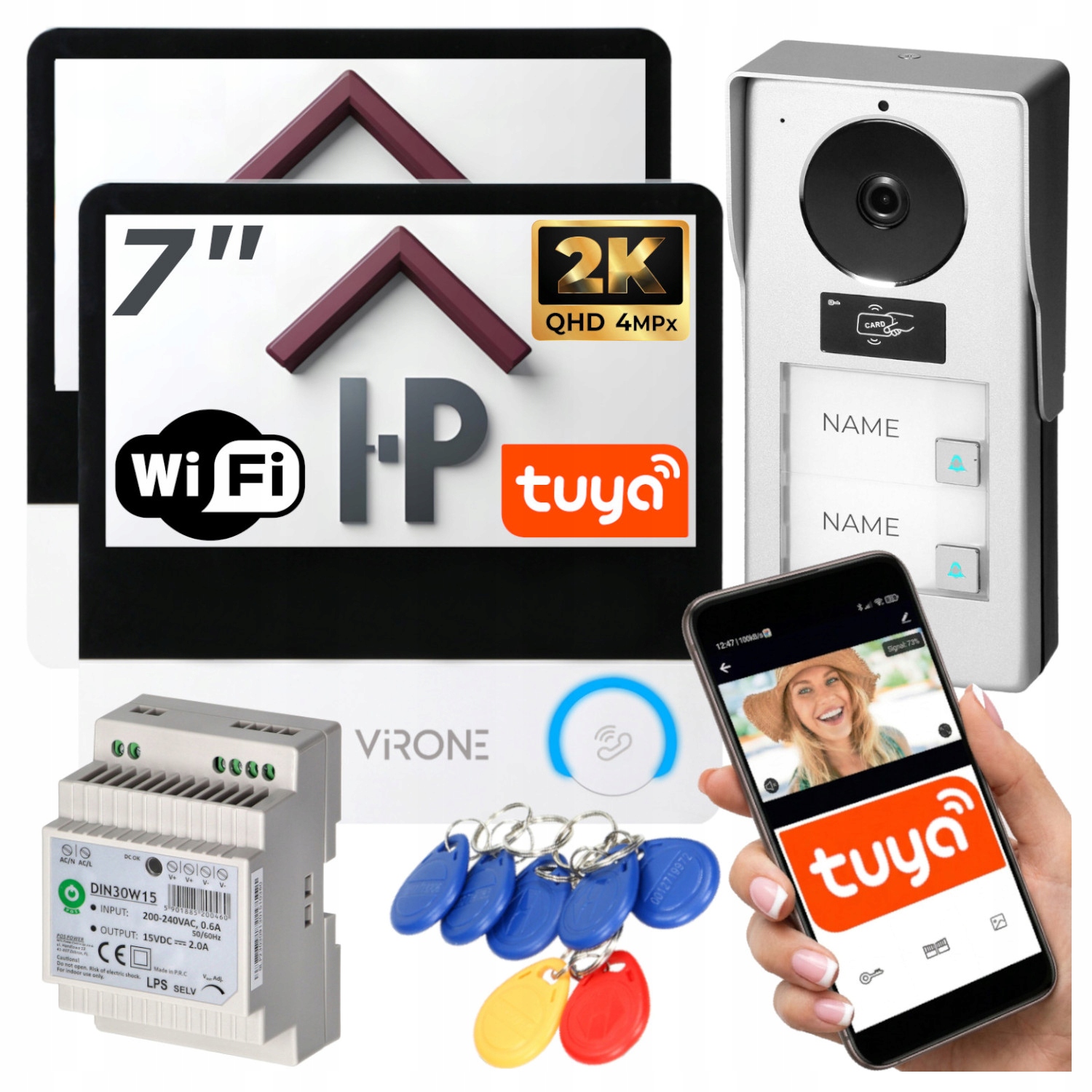 Wideodomofon Dwurodzinny Wifi Tuya 4MPx 2 Monitory 7" Zasilacz Na Szynę