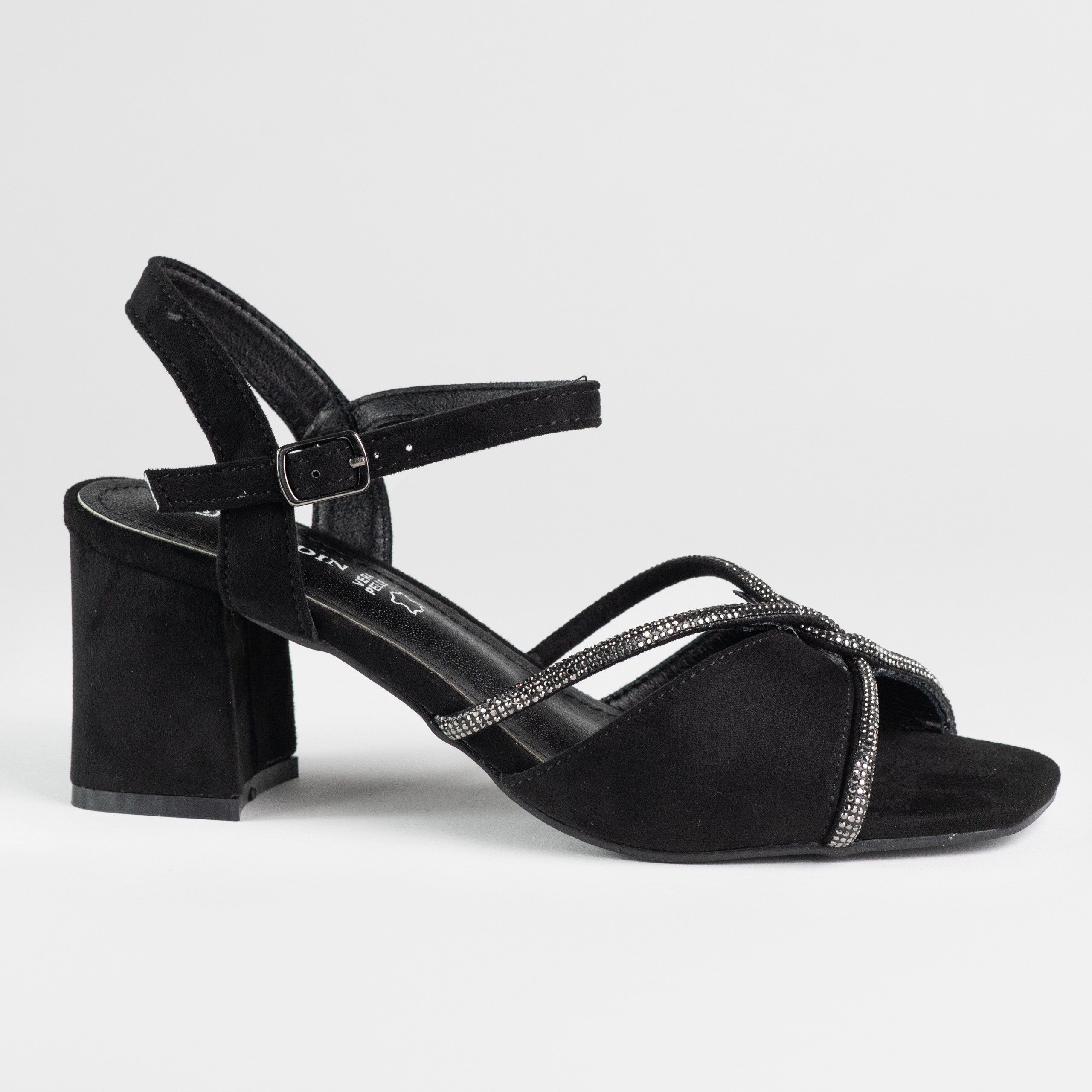 Dámské sandály na podpatku Goodin GD-FL1185, eko kůže, černé, lehký semiš, velikost 38