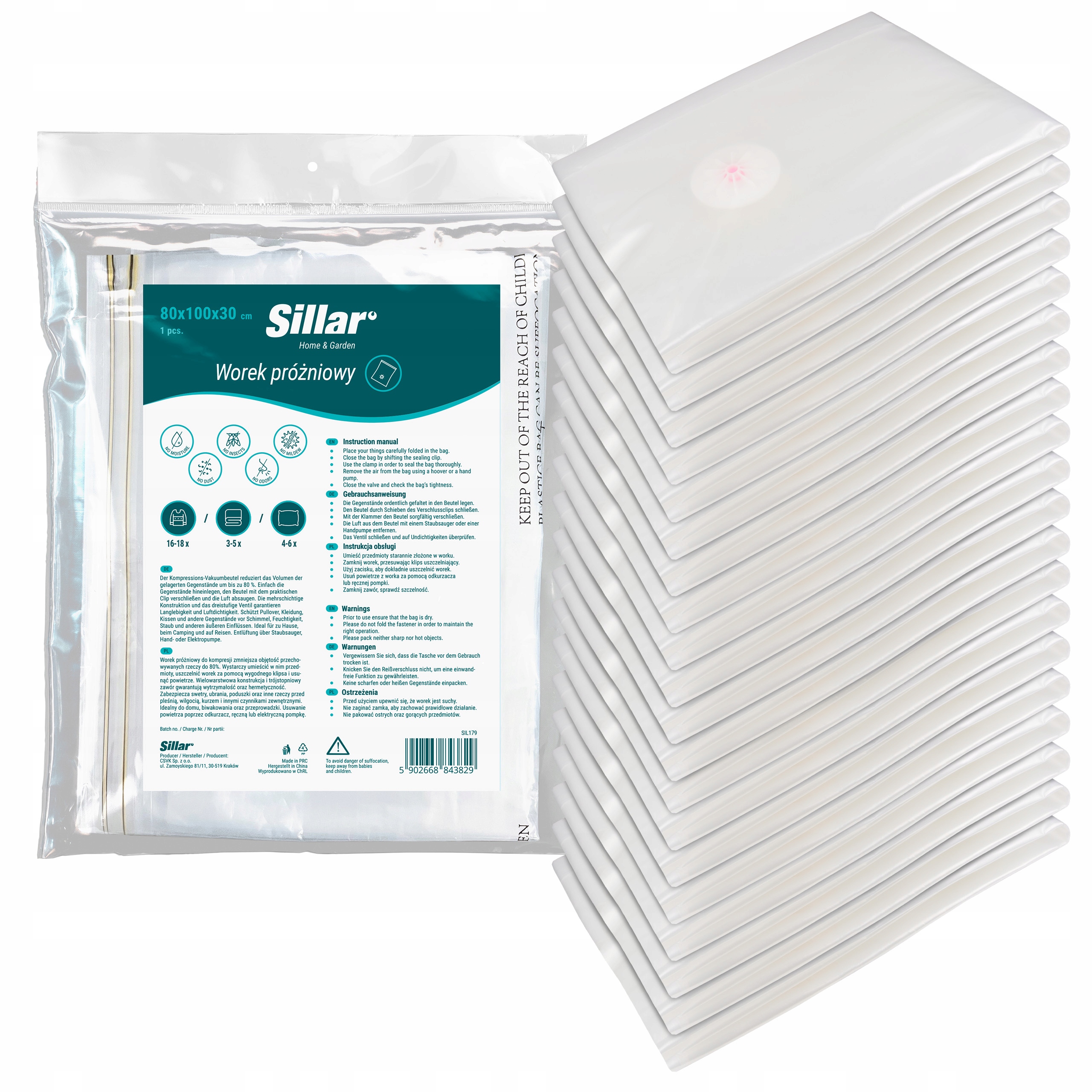 20 x Vakuový pytel na oblečení na povlečení Sillar, silnější 80x100x30 cm, kostka