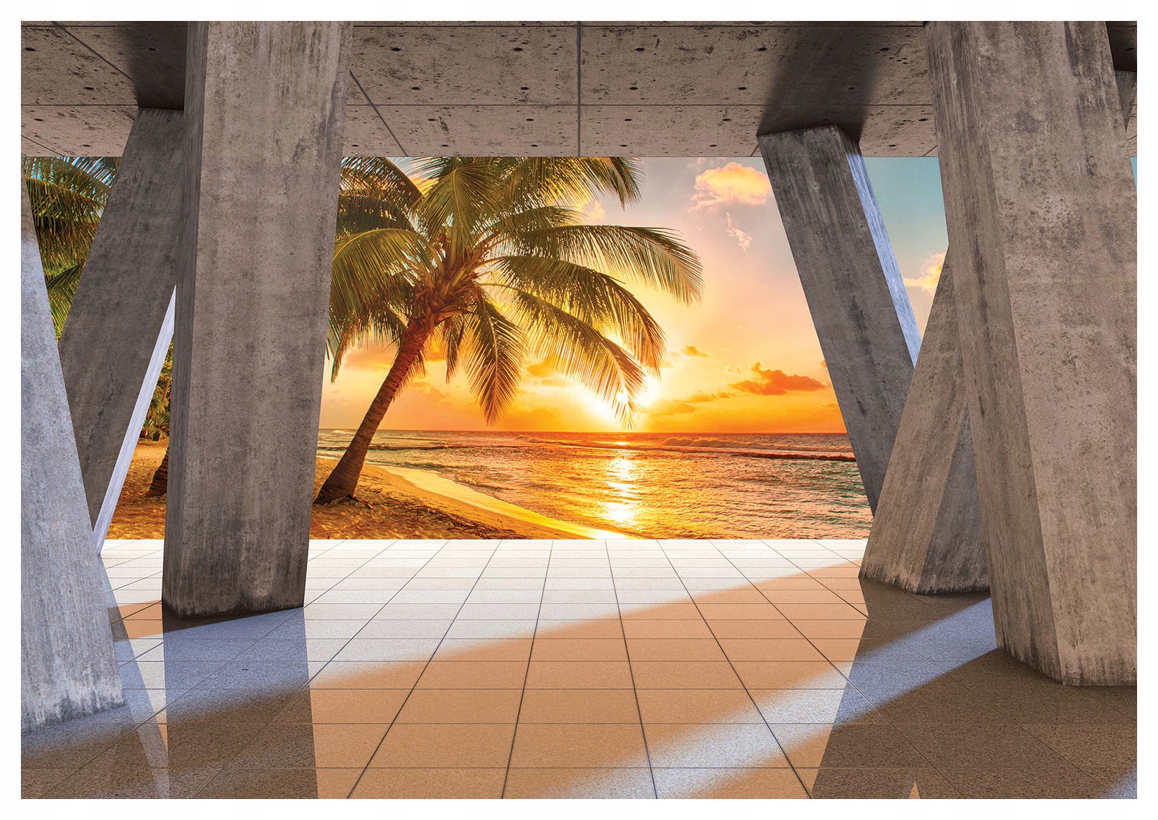 Fototapeta Západ slunce Pláž Palmy Sloupy Beton 254x184 vinylová lepidlo