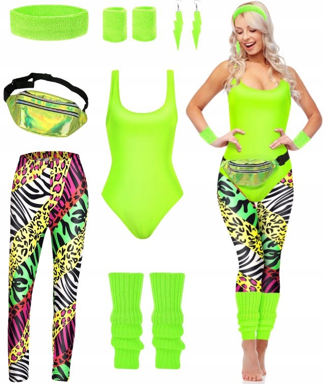 Kostým Převlek Disco Neon Léta 80 90 Set Retro Body Legíny 8V1 L XL