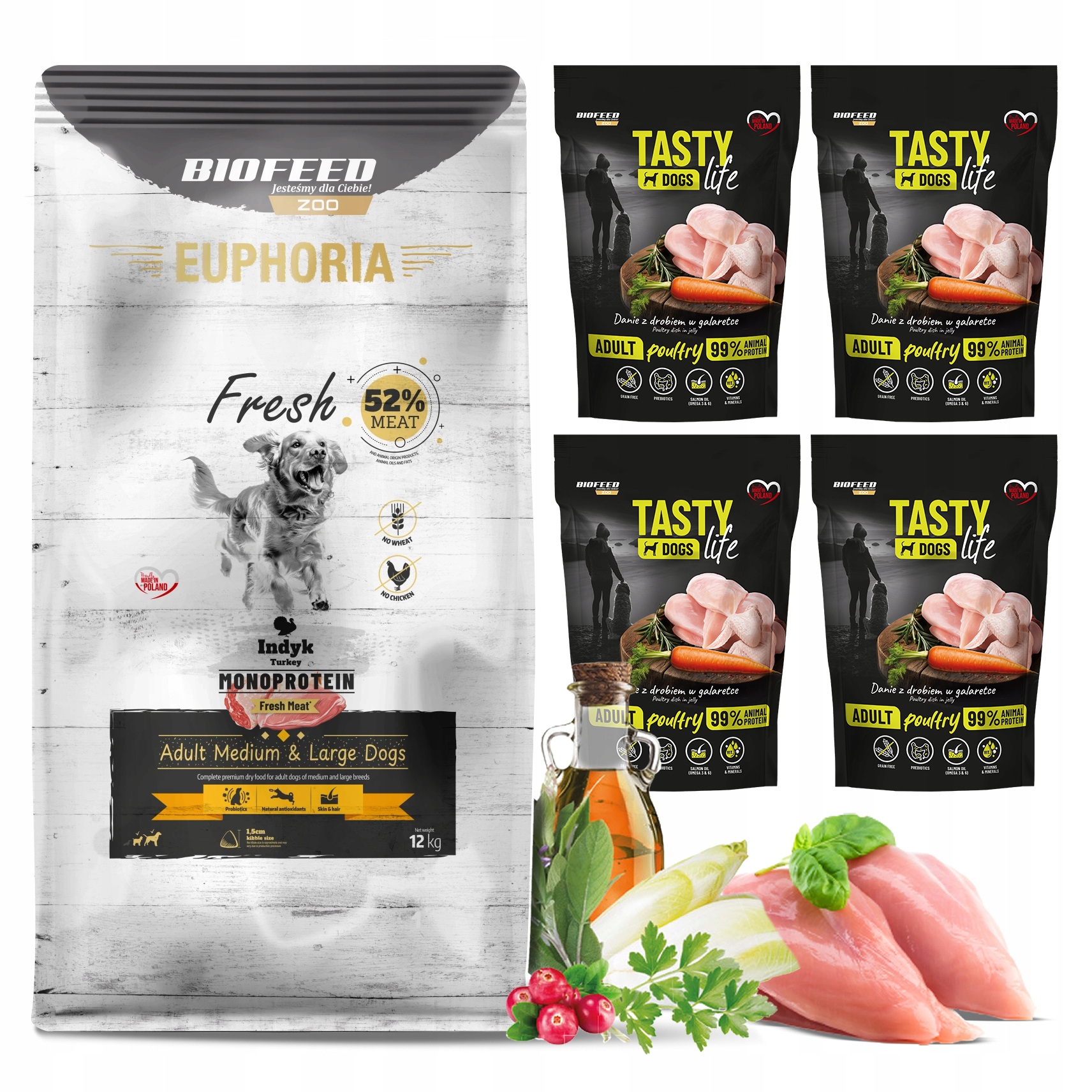 Biofeed Euphoria Fresh Indyk Mono Adult M/L 12kg 4x saszetka Tasty 500g
