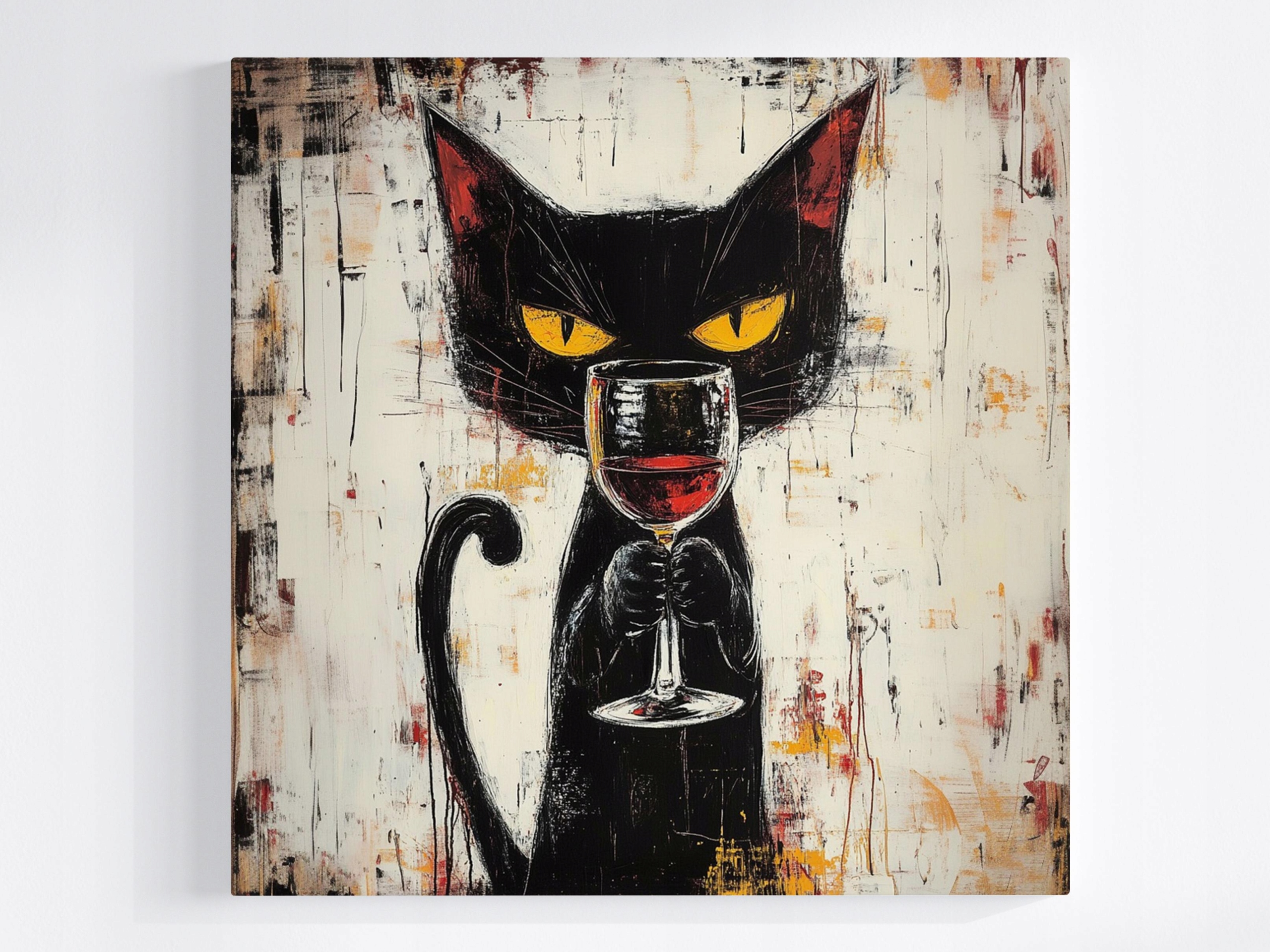 Obraz Na Plátně Canvas Bar Kuchyně Černá Kočka Portrét Červené Víno 80x80