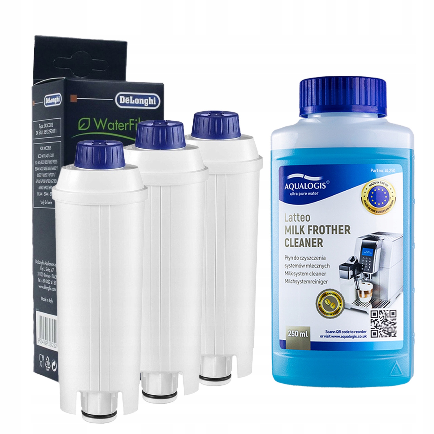 3x Filtr vody DLSC002 pro kávovar Delonghi čisticí kapalina Latteo 250 ml