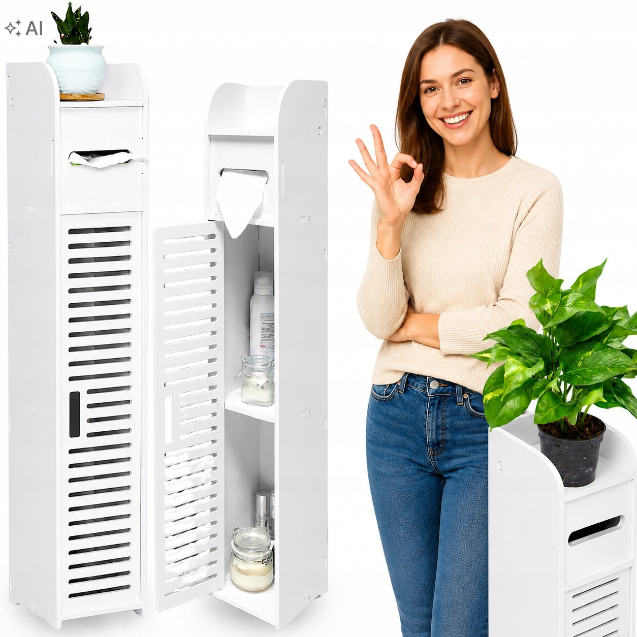 Úzká Stojící Koupelnová Skříňka Bílá 80 CM Na Papír, Komoda, Regál, Sloupek