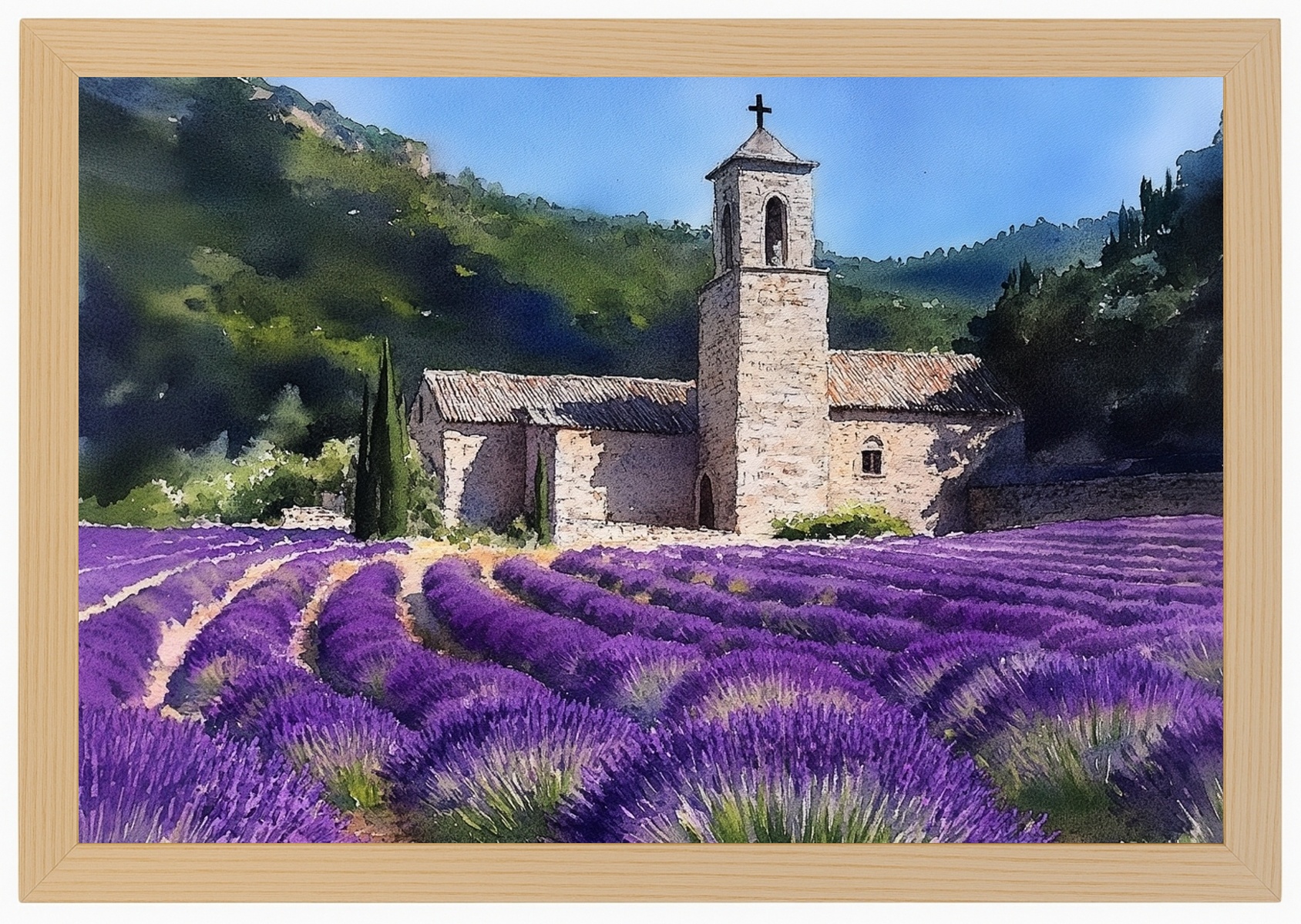 Plakát Rámeček Dřevěná Krajina Francie Provence Klášter Levandule 60x40