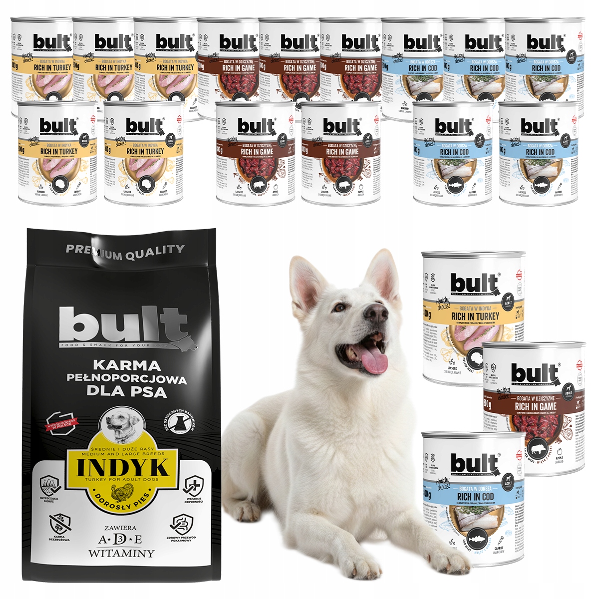 Levně Krmivo Suché s krůtím masem a Mokré pro psa MIX Chutí s treskou Bult 17,4 kg