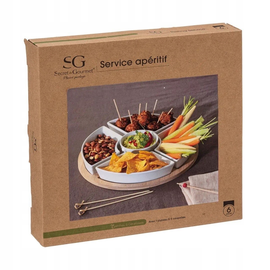 ZESTAW MISEK SALATEREK PORCELANOWYCH DO PRZEKĄSEK DIPÓW + TACA BAMBUSOWA Średnica 26.5 cm