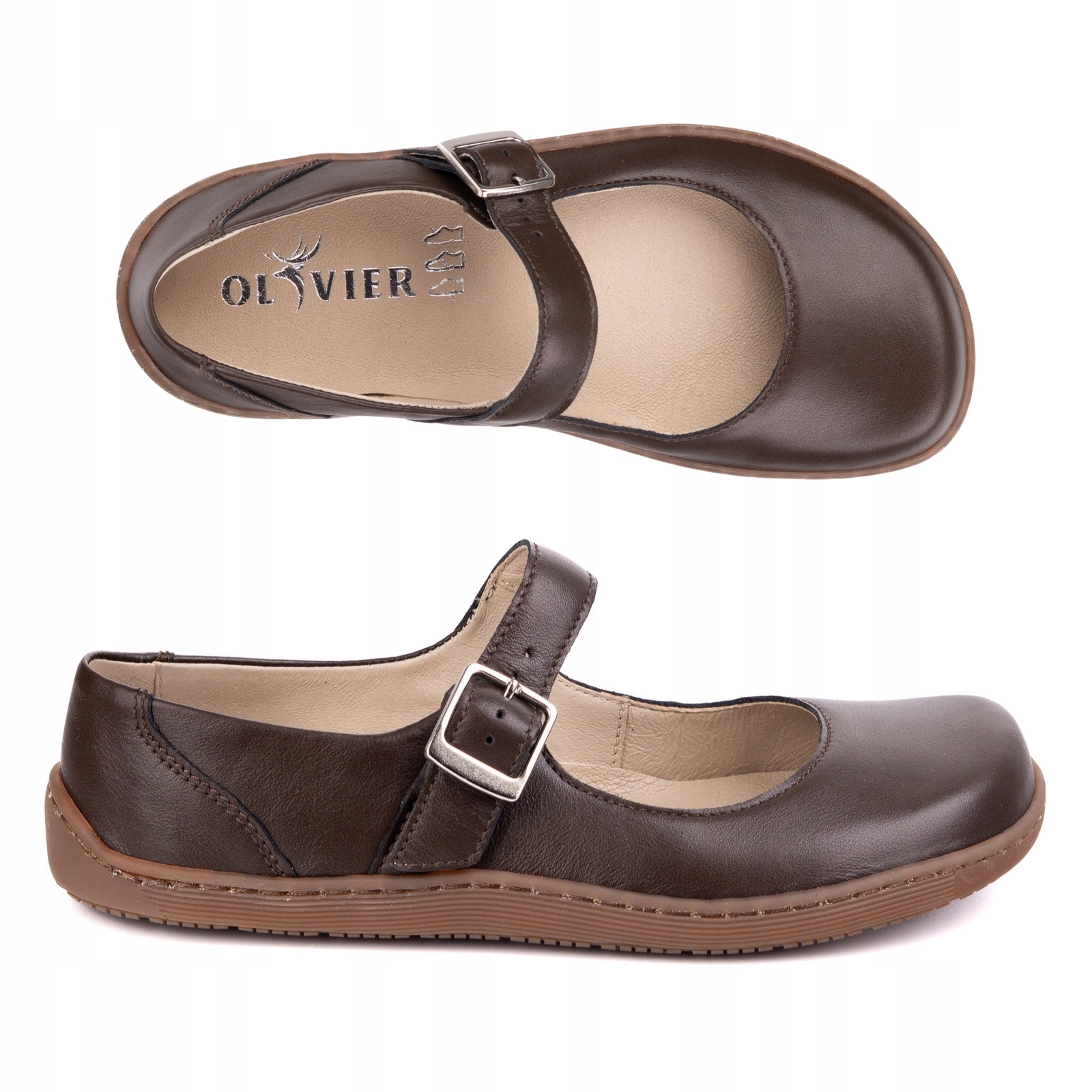 Dámské barefoot baleríny Olivier 1286 kožené s přezkou, hnědé, velikost 38