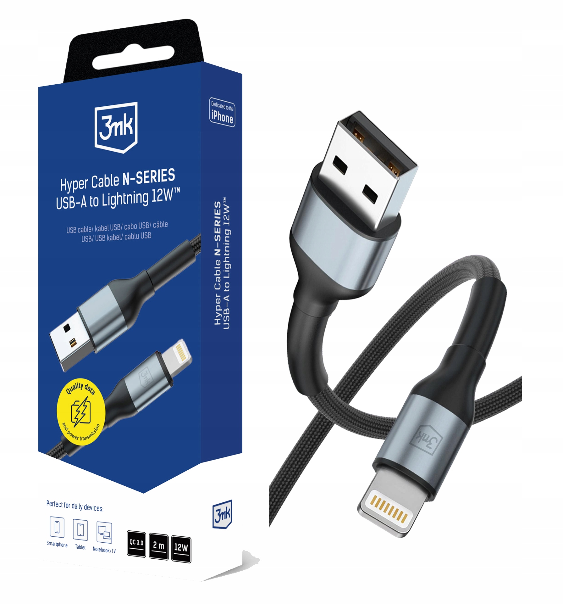 Kábel 3MK Hyper Cable N- Usb-a do Lightning 2m 5V/2.4A 12W Čierny