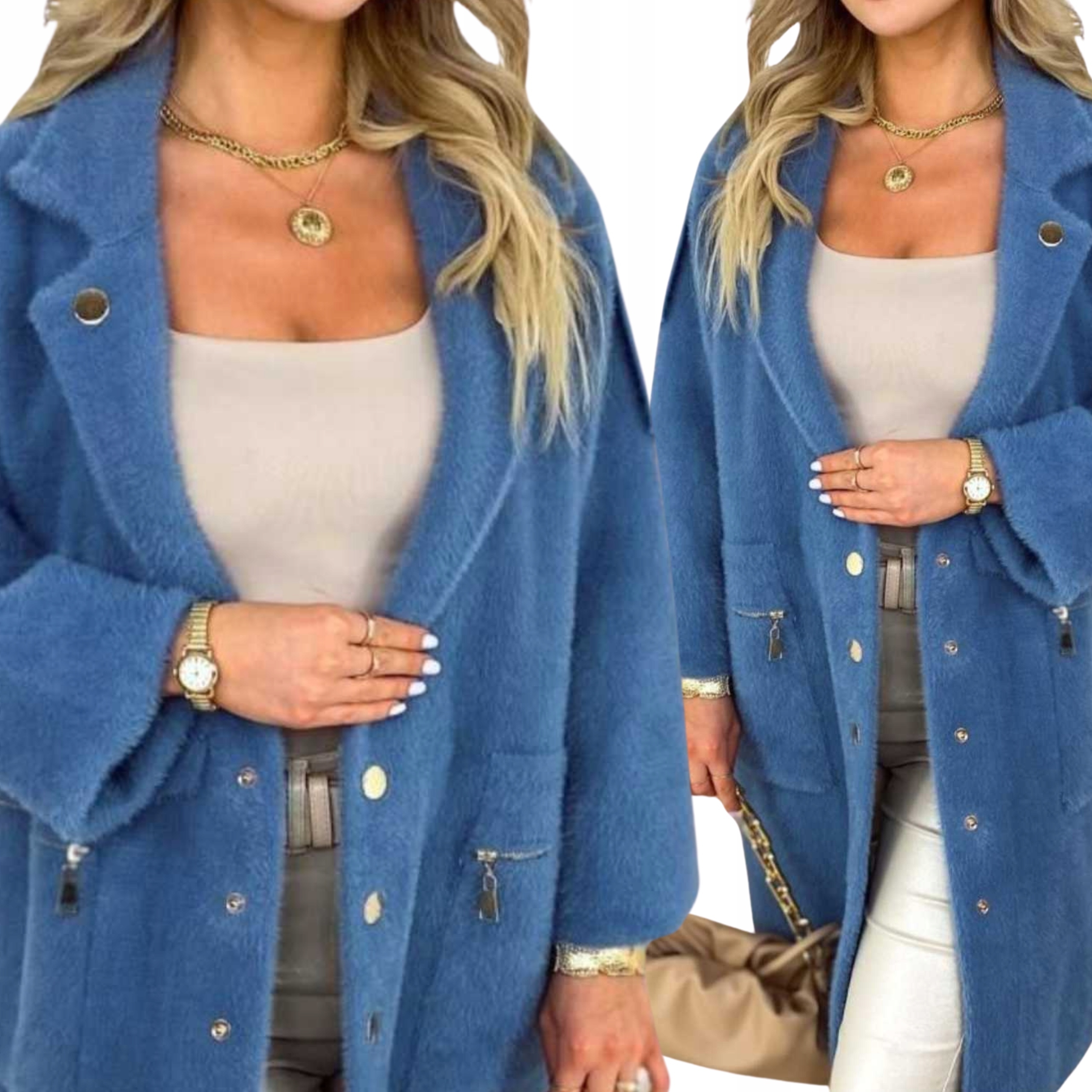 Alpaka Damska Płaszcz Kurtka Sweter Ciepła Długa Kołnierz Napy Jeans 2335