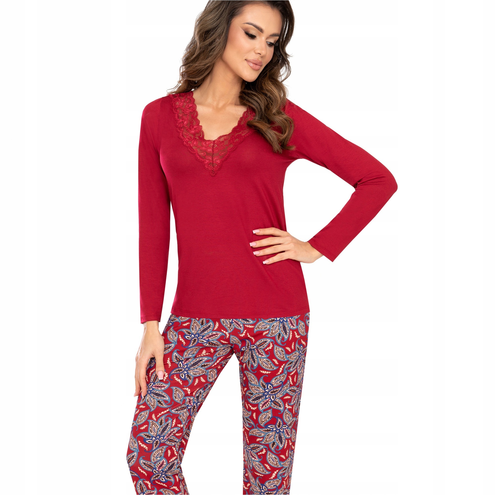 Dámské Pyžamo Donna Rita Dlouhá Viskózová Burgundská s krajkou Plus Size 44