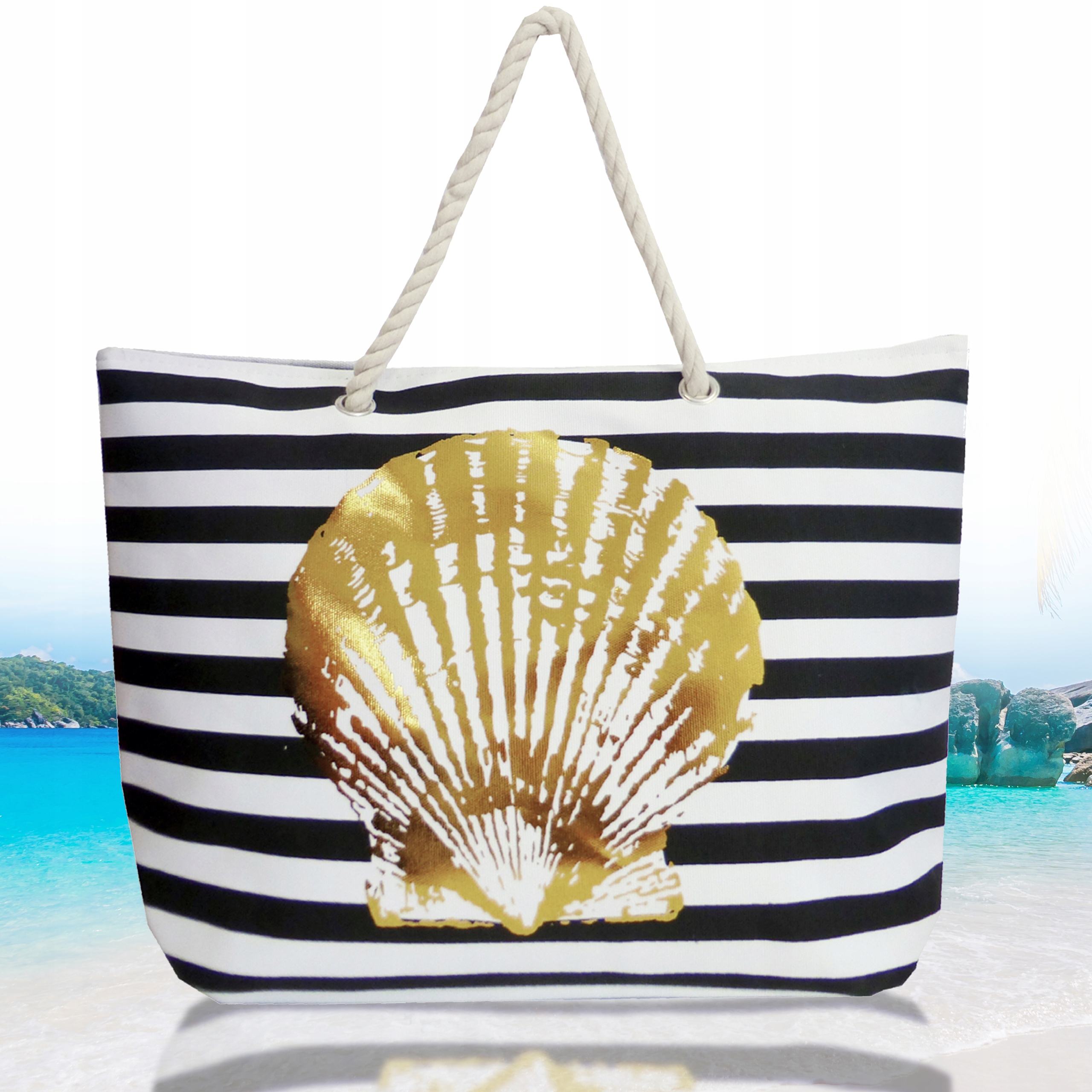 TORBA PLAŻOWA DUŻA ZAPINANA MIEJSKA W PASKI SHOPPER NA ZAKUPY PLAŻĘ PIKNIK