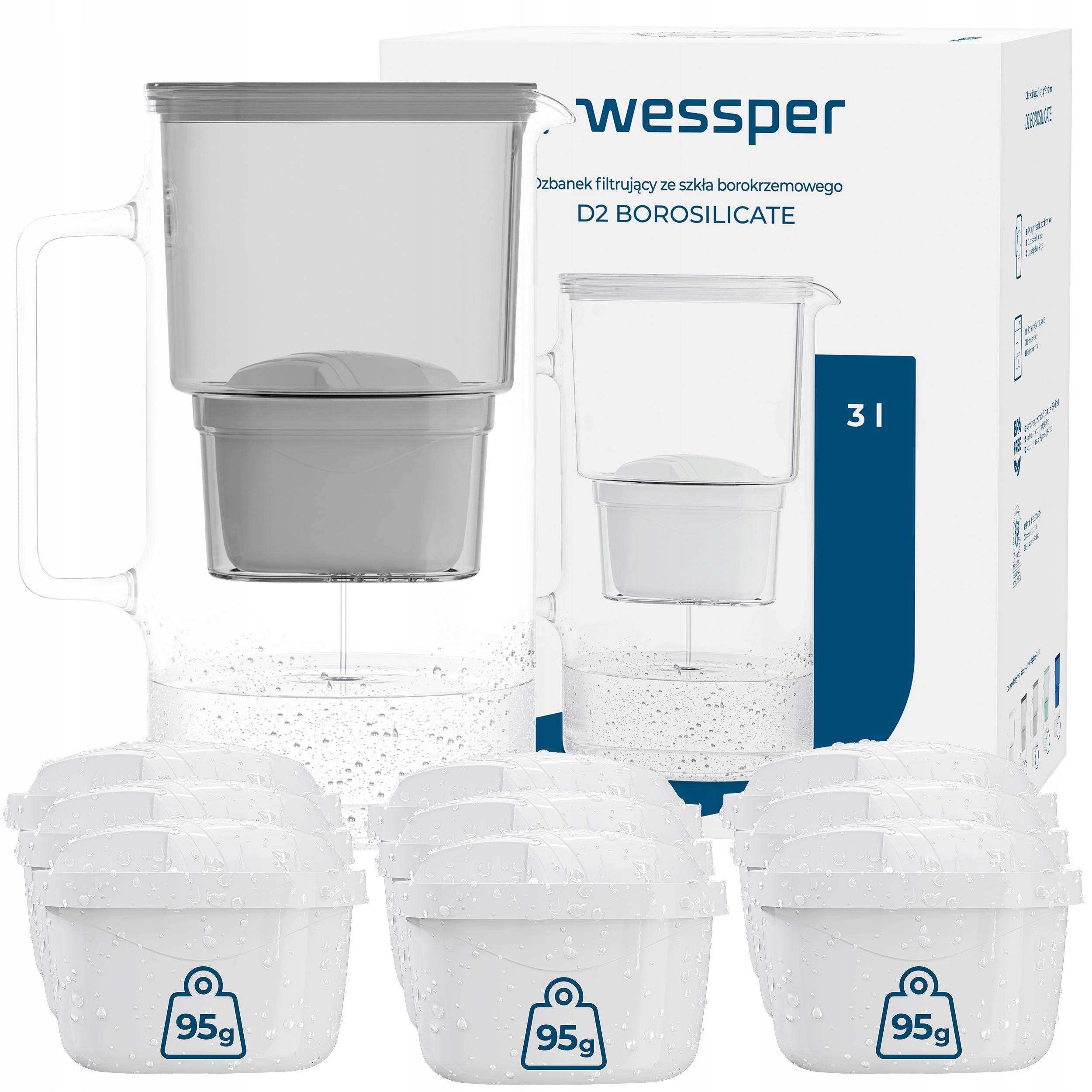 DZBANEK SZKLANY WESSPER D2 BOROSILICATE 3l + 10x FILTR WKŁAD WODY WESSPER