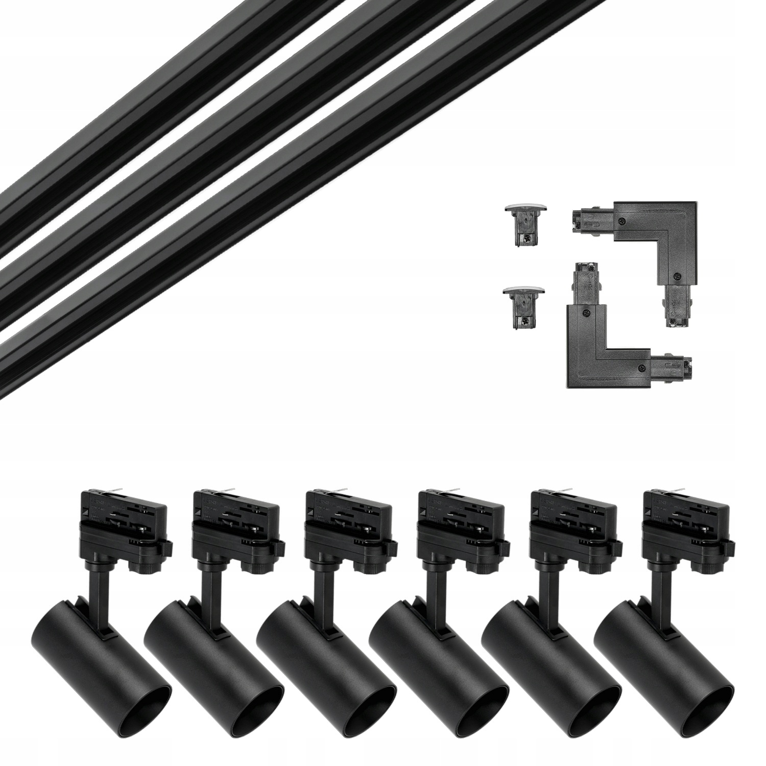 3-fázová kolejnicová sada Černá kolejnice 2m+2m+2m, spojka L, 6x reflektor GU10