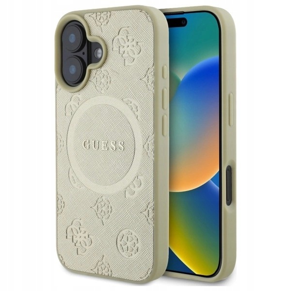 Pouzdro Guess Saffiano Peony Classic Logo MagSafe pro iPhone 16 zlaté