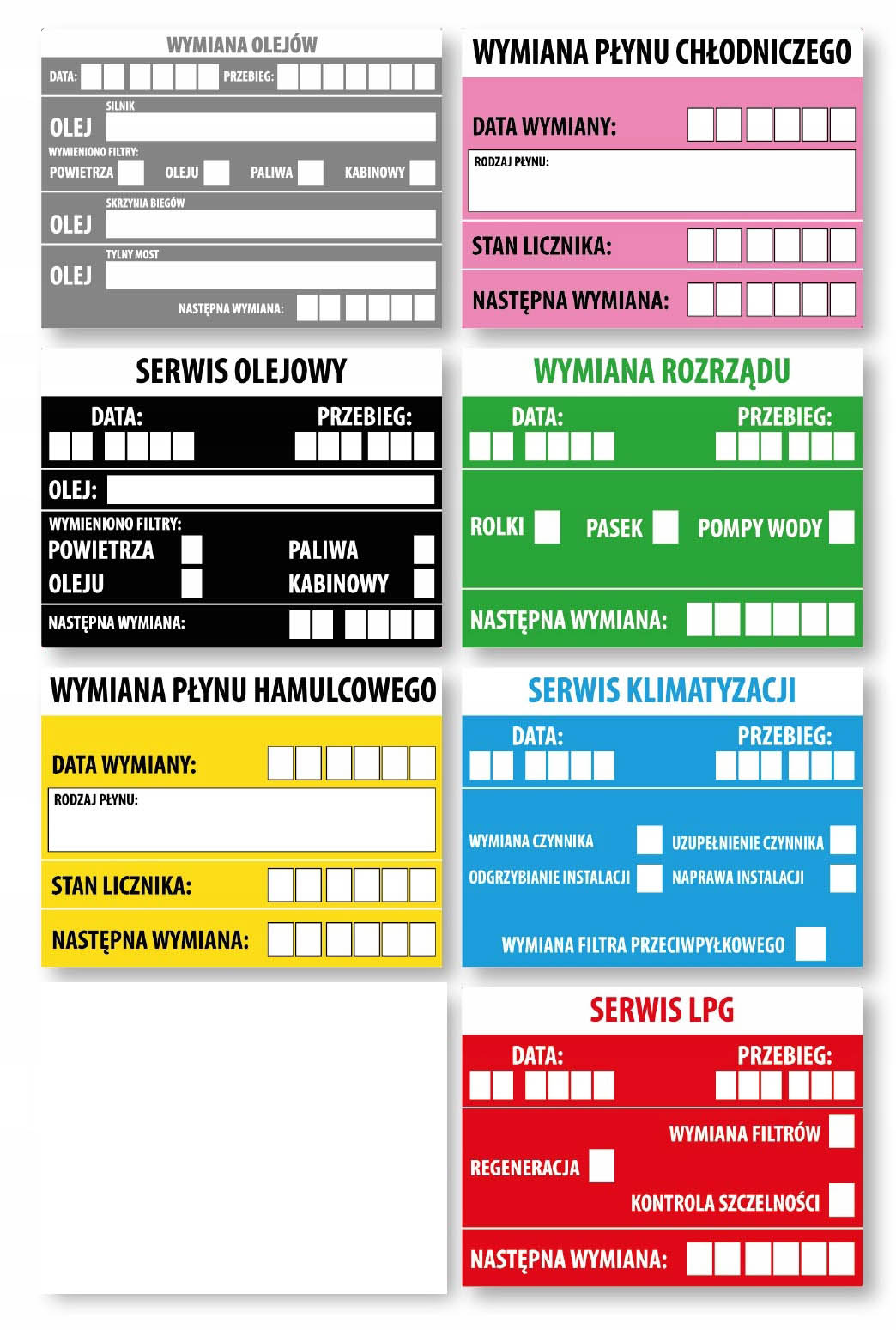 Naklejki serwisowe MIX olej rozrząd Most Skrzynia 20 sztuk 80x60 etykiety