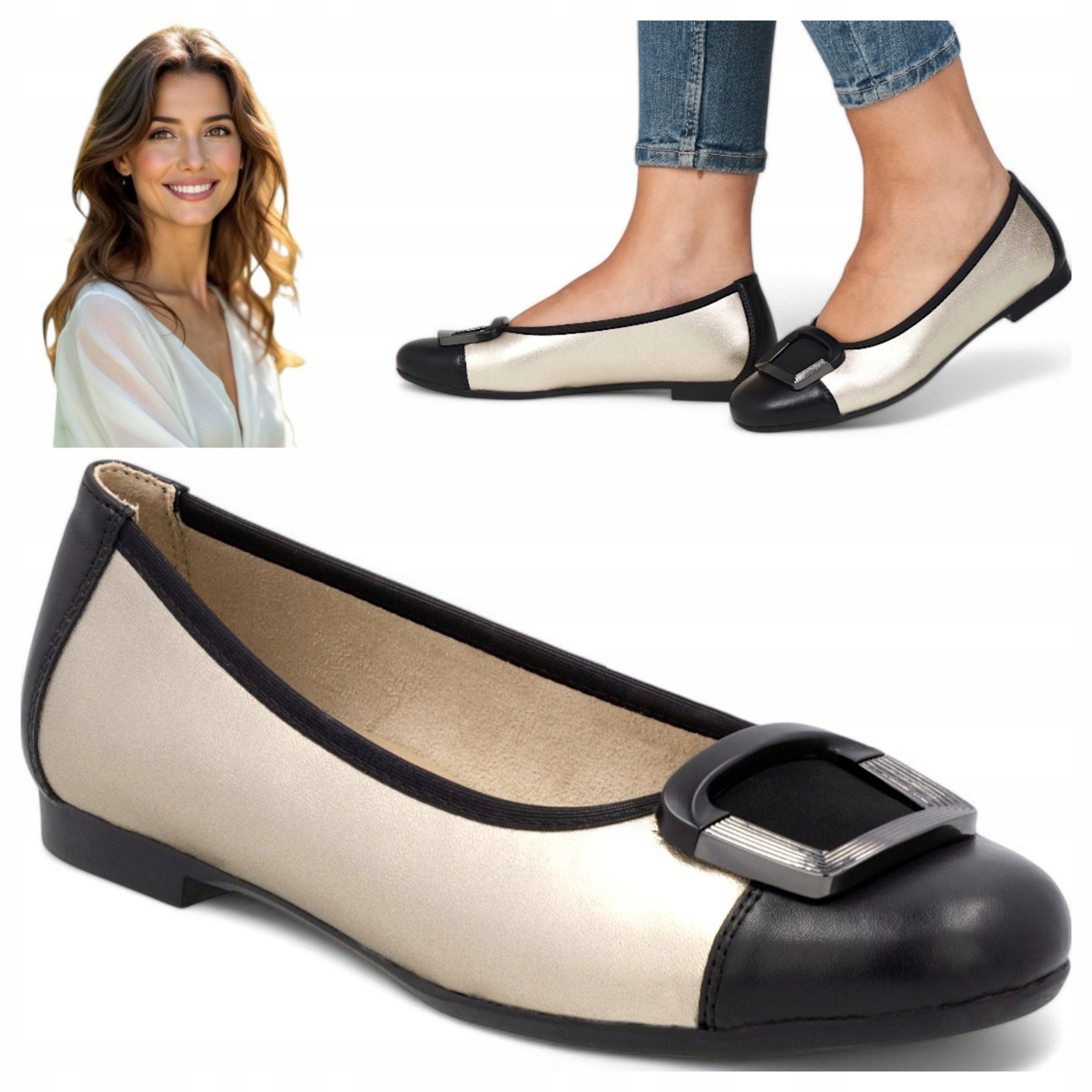 Dámské baleríny 40 Kůže Remonte Pohodlné Elegantní Nazouvací Černé Zlaté 4