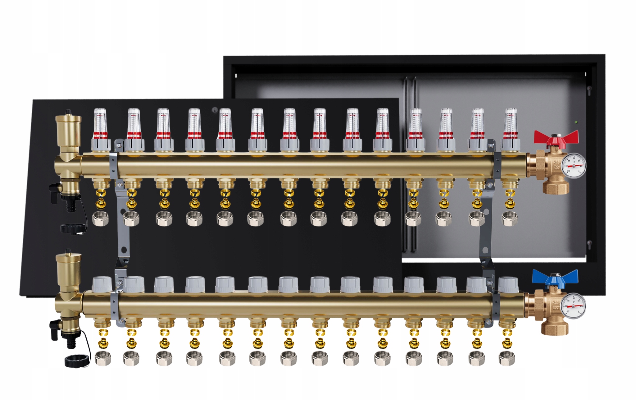 Rozdělovač Pro Podlahu 14 Okruhů Ventily Teploměr Skříňka Pex