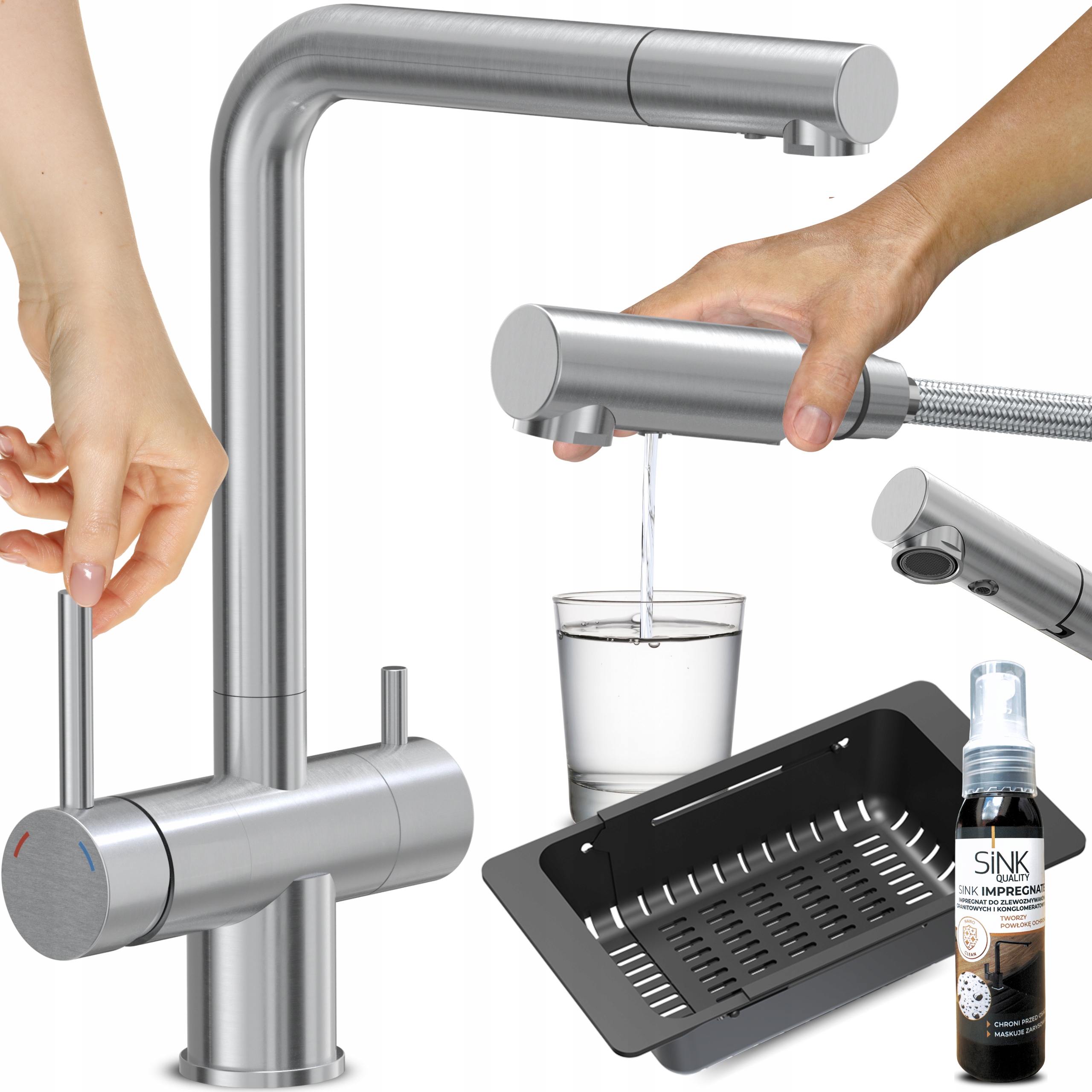Kuchyňská Třícestná Ocelová Baterie S Výsuvným Výtokem A Filtrem, Dvě Rukojeti