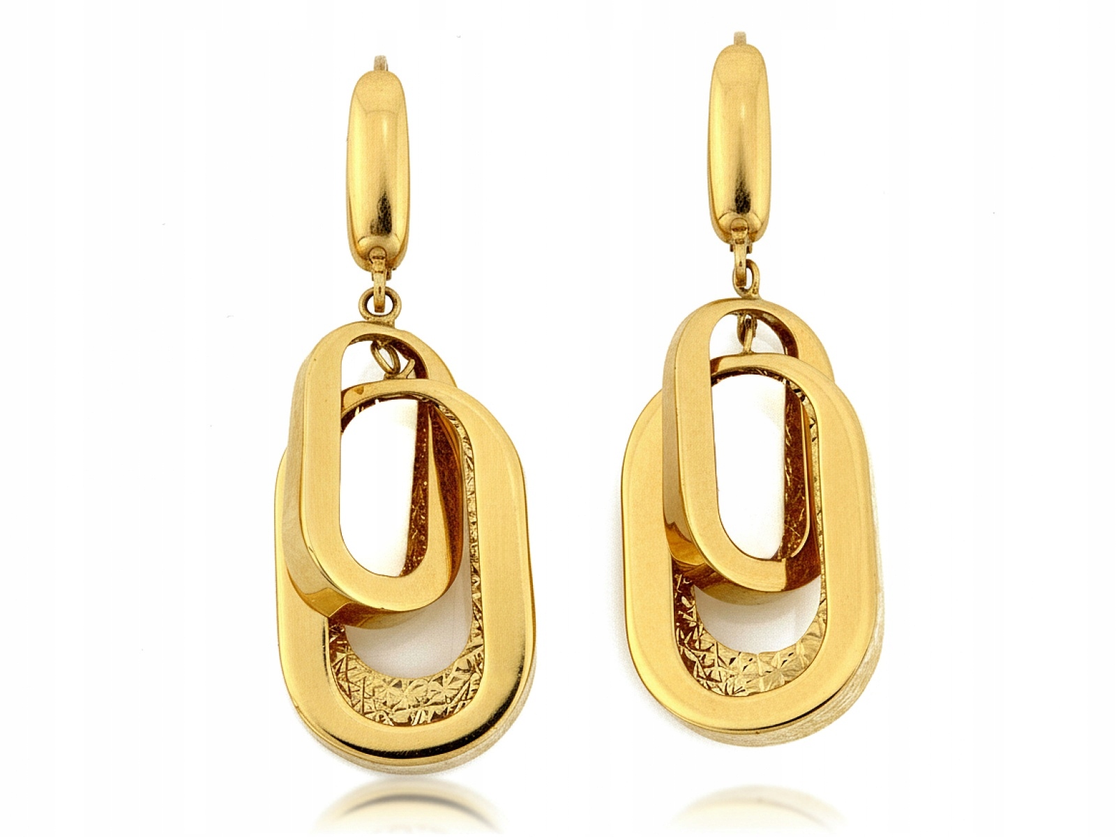 Zlaté náušnice 585 dlouhé oválné s dvěma pohyblivými obručemi pro ni