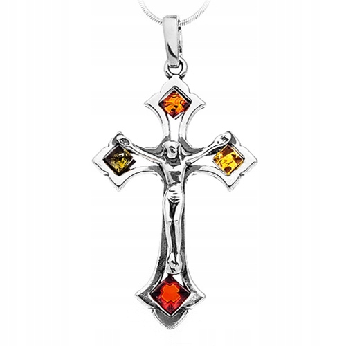 Stříbrný barevný Křížek s Ježíšem přívěsek baltský jantar ze Stříbra 925