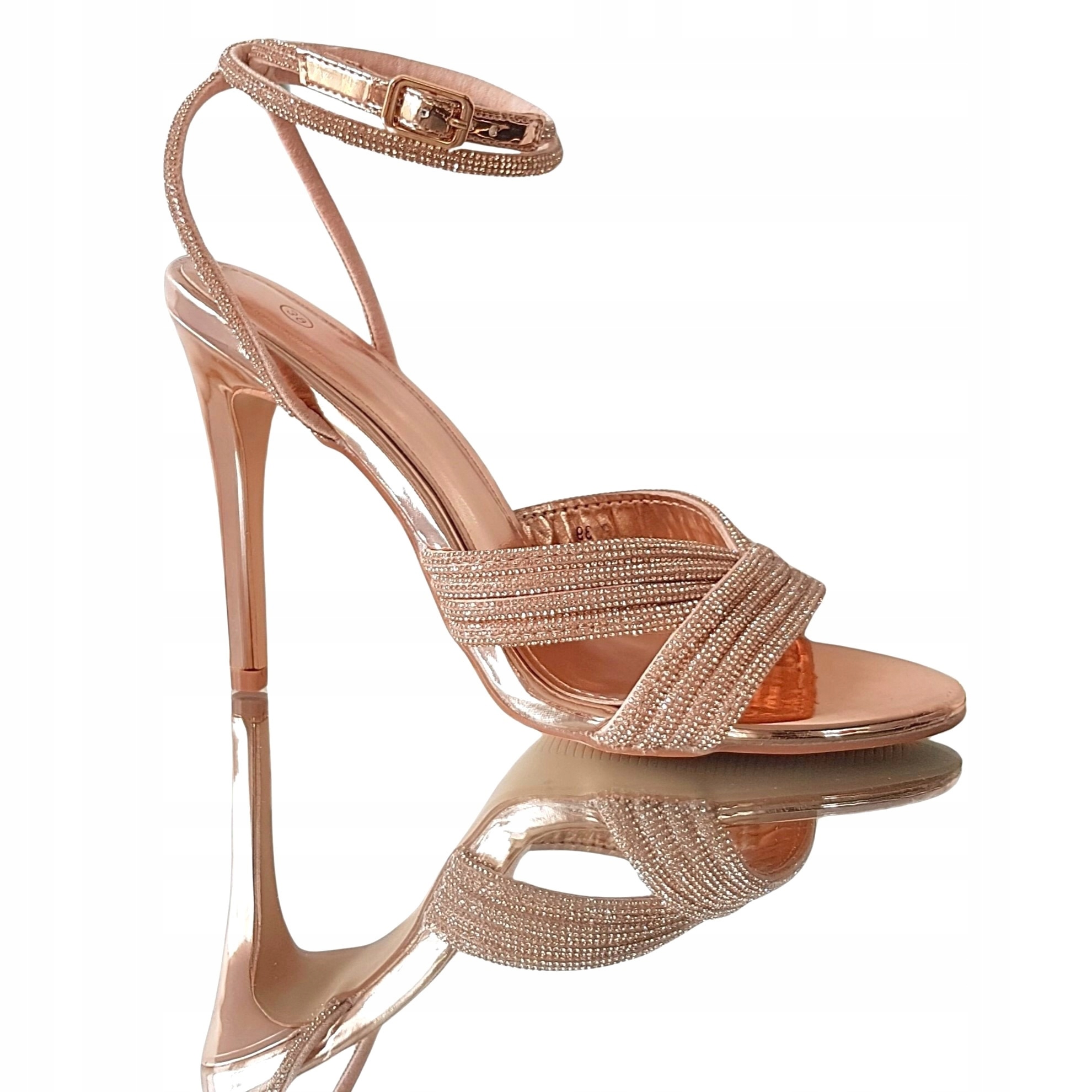 Szampańskie Sandały Buty Szpilki Ozdobne Paski Cyrkonie 38