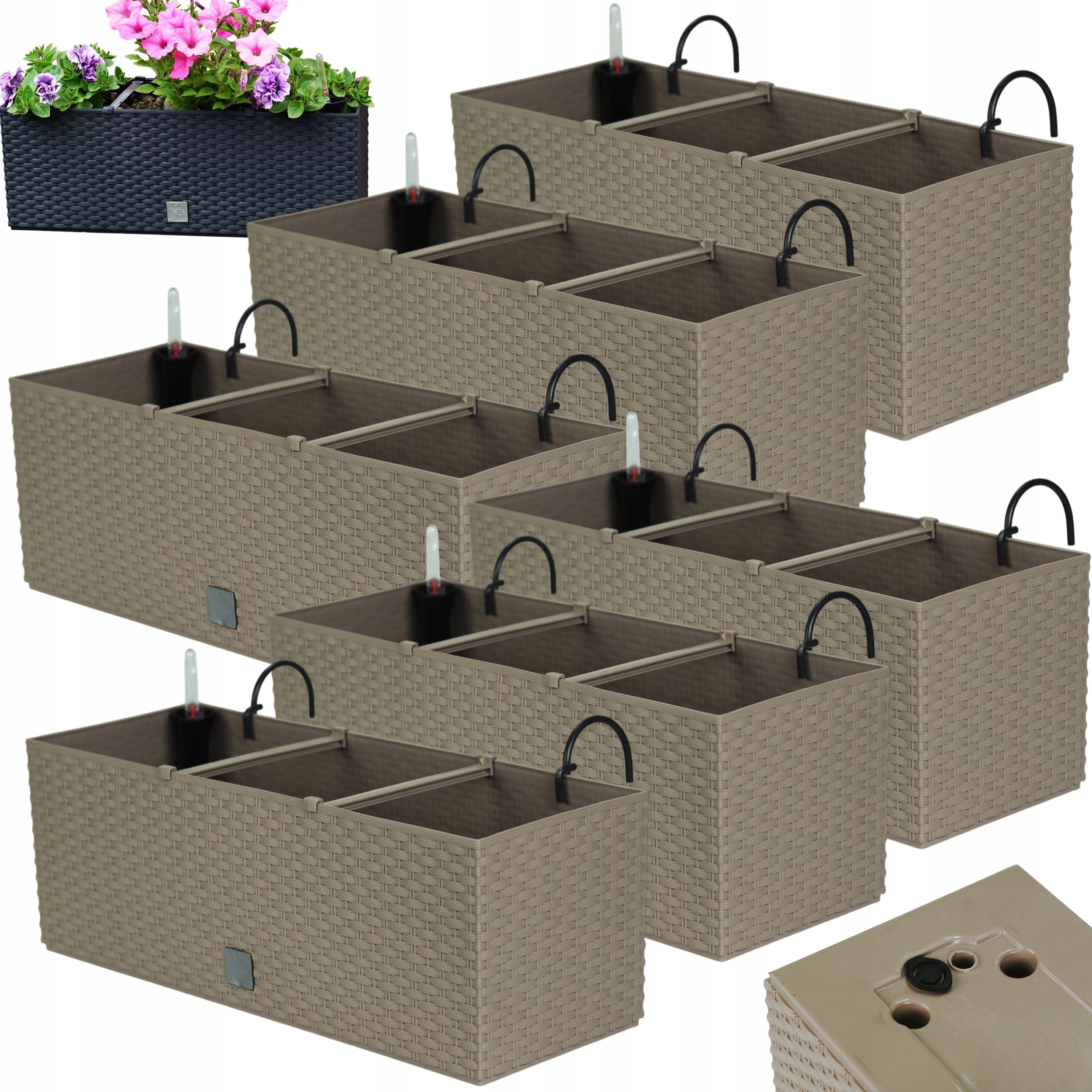 6 x Balkónový kvetináč 51 cm úchytky háčiky, zavlažovač, box na balkón