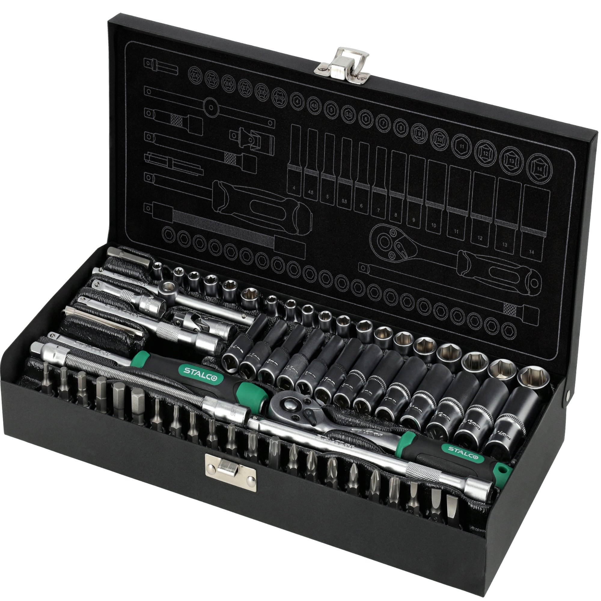 zestaw kluczy nasadowych z grzechotką 1/4” 67 Stalco box S011100067