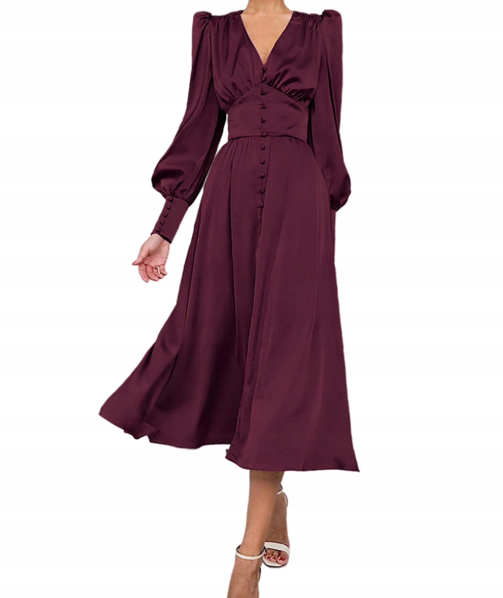 Dámské Šaty Maxi Saténová Elegantní Vintage Bufiaste Rukávy Bordó Xs