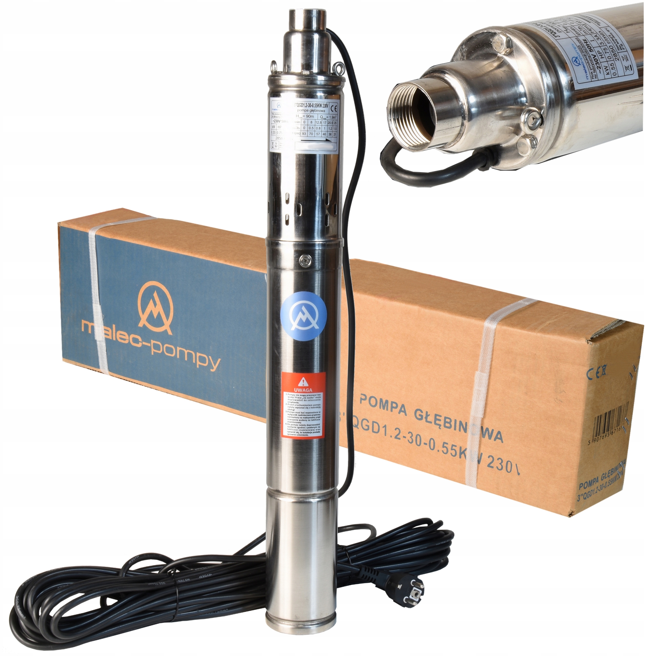 Hlubinná Pumpa Na Vodu Do Studny Kabelem 15M 3QGD 1.2-30-0,55KW Malec 3 palce