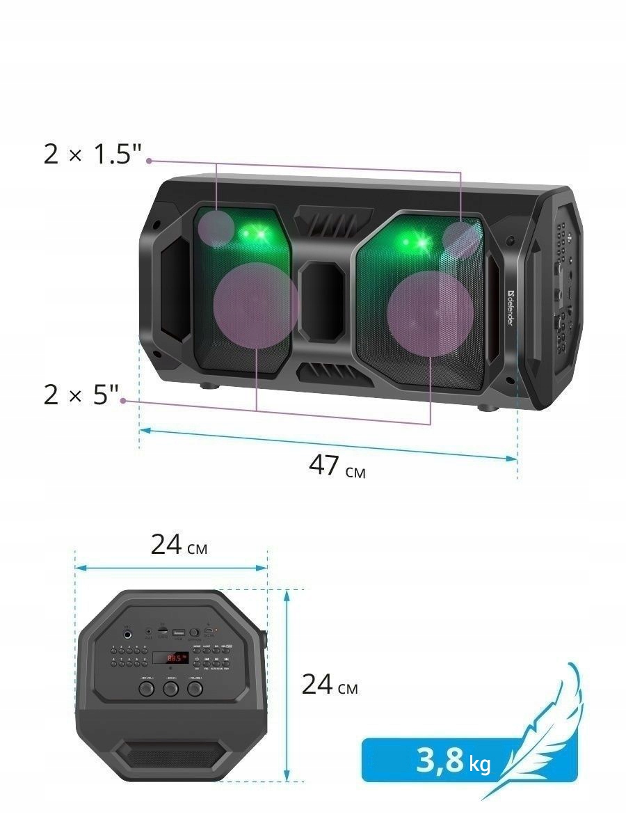 GŁOŚNIK DEFENDER RAGE BLUETOOTH 50W LED/BT/FM/USB/MIC/TWS — 24