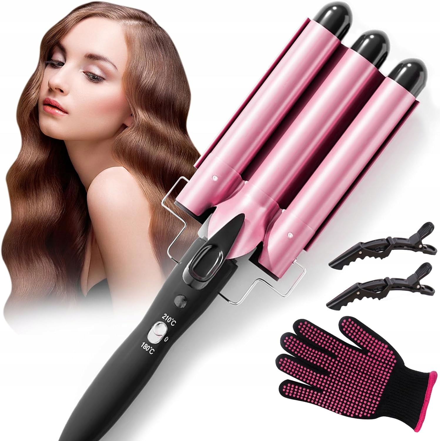 Lokówka do włosów, 3 beczki, 22 mm, duża falówka do włosów, turmalin