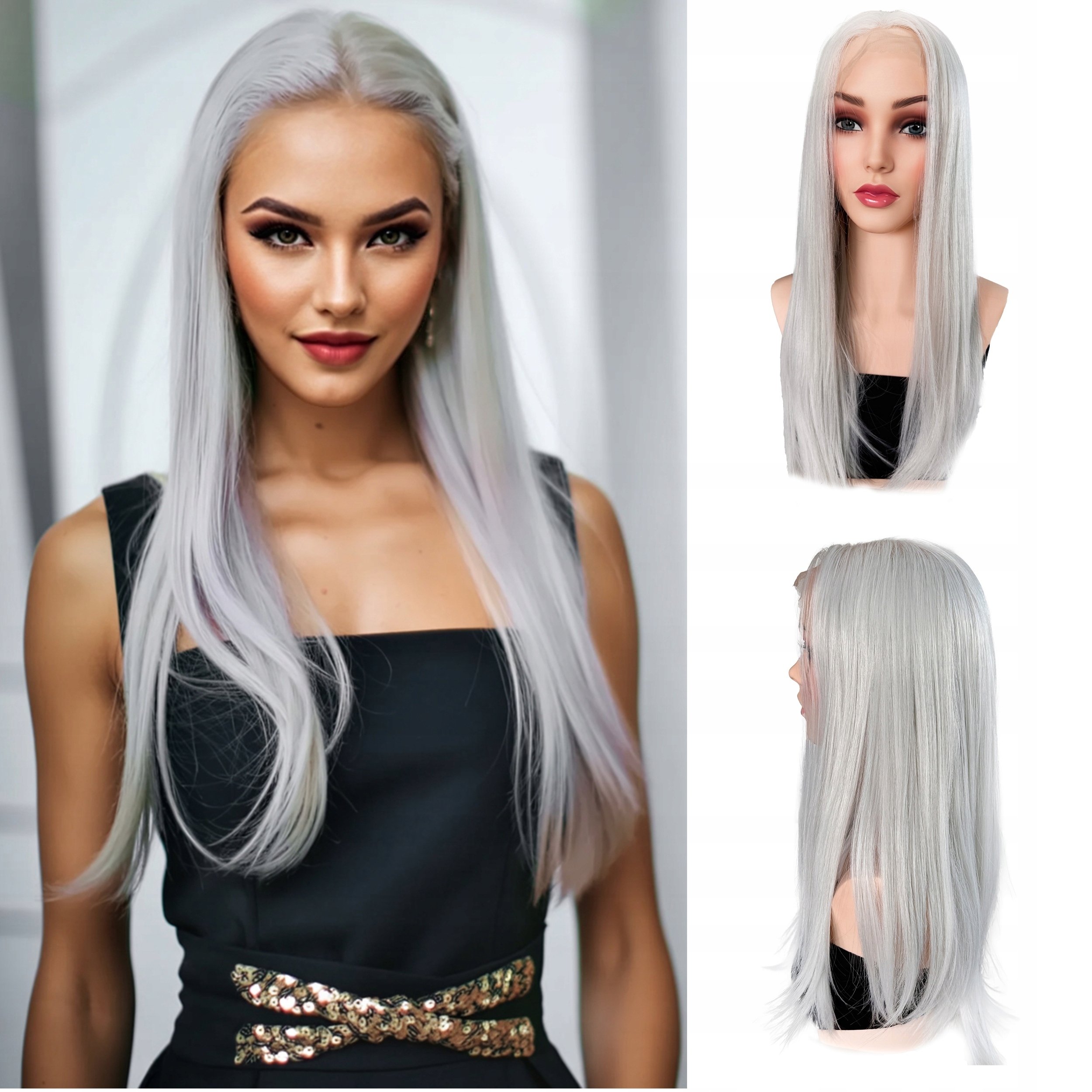 Syntetická paruka s umělými vlasy Lace Front Šedá Stříbrná Bílá Dlouhá 60 cm