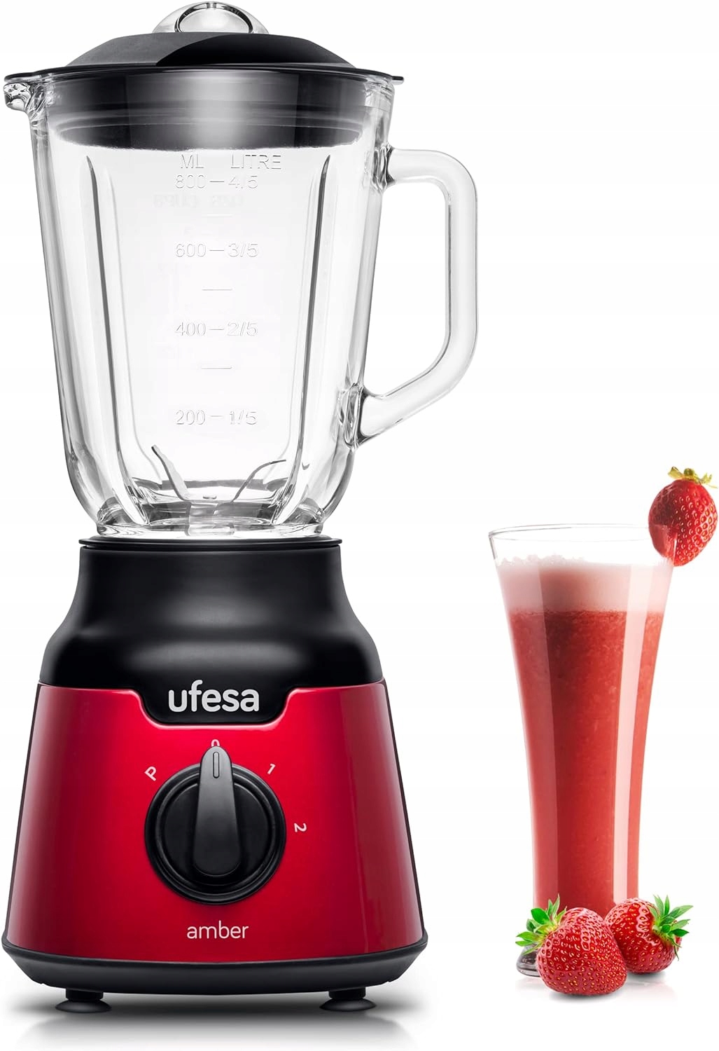 UFESA Blender Kielichowy Czerwony Szkło 0,8L 900W 2 Prędkości BPA Free — miniatura 5