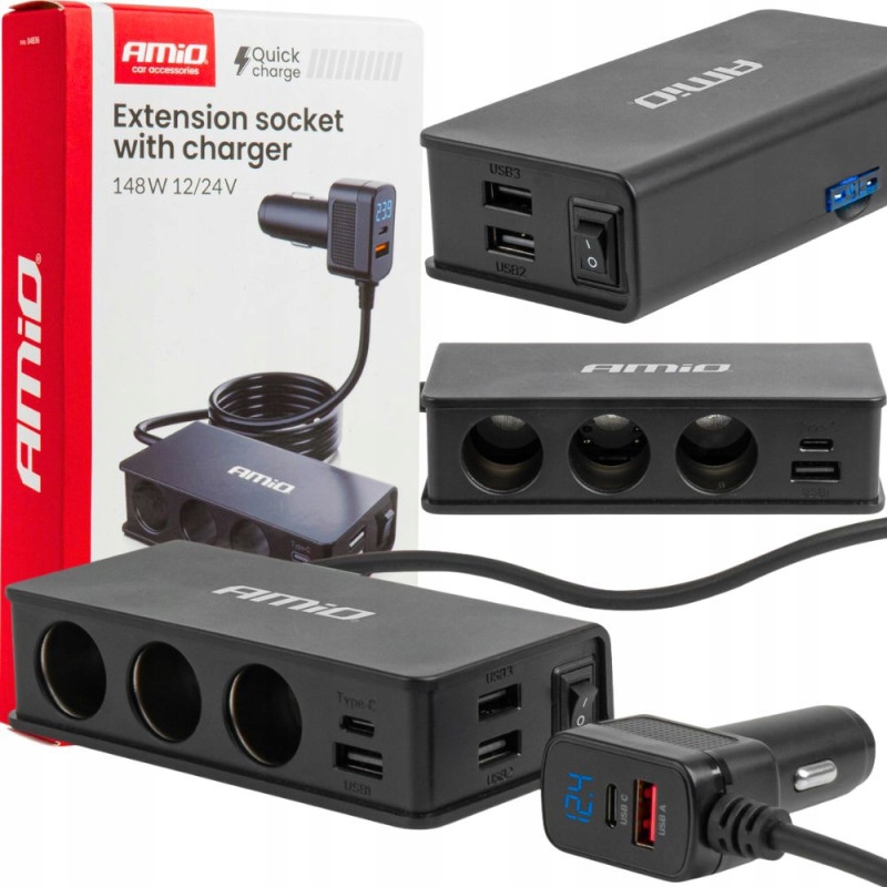 Rozgałęźnik Gniazda Zapalniczki Trójnik Ładowarka Usb-a Usb-c 148W 12V 24V