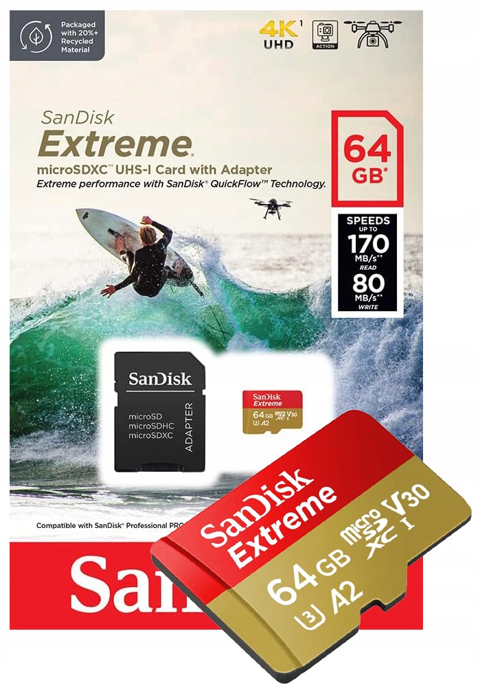 Karta Micro Sd Sandisk Extreme 64GB 170/80 V30 A2 4K Adaptér