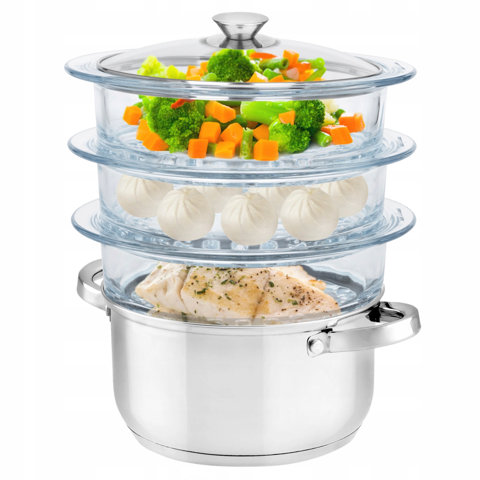 Hrniec Na Varenie V Pare, Sklenený Parník Bez Tuku, Indukcia 3 Sita