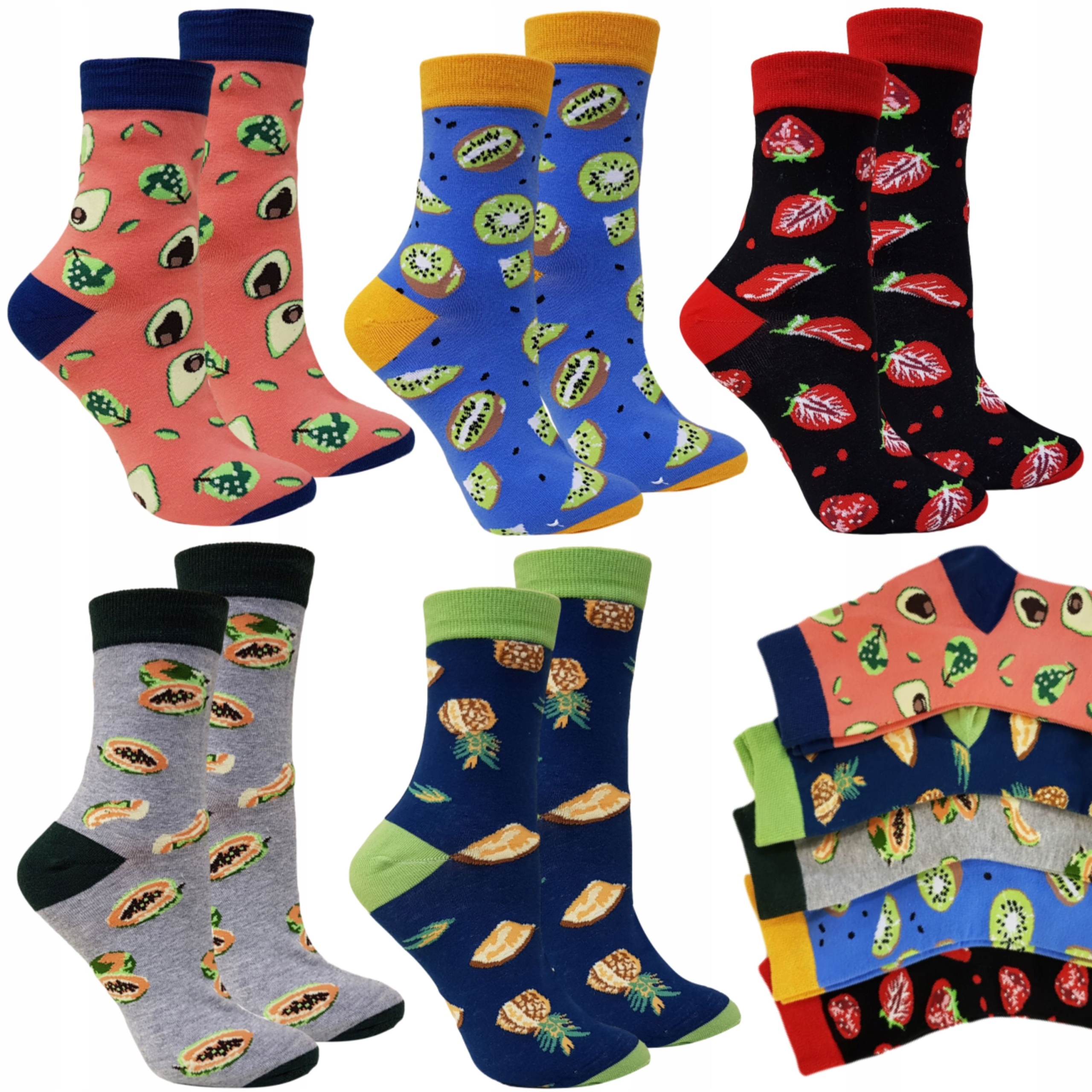 5 x SKARPETY DAMSKIE SKARPETKI BAWEŁNIANE WESOŁE WZORY OWOCE