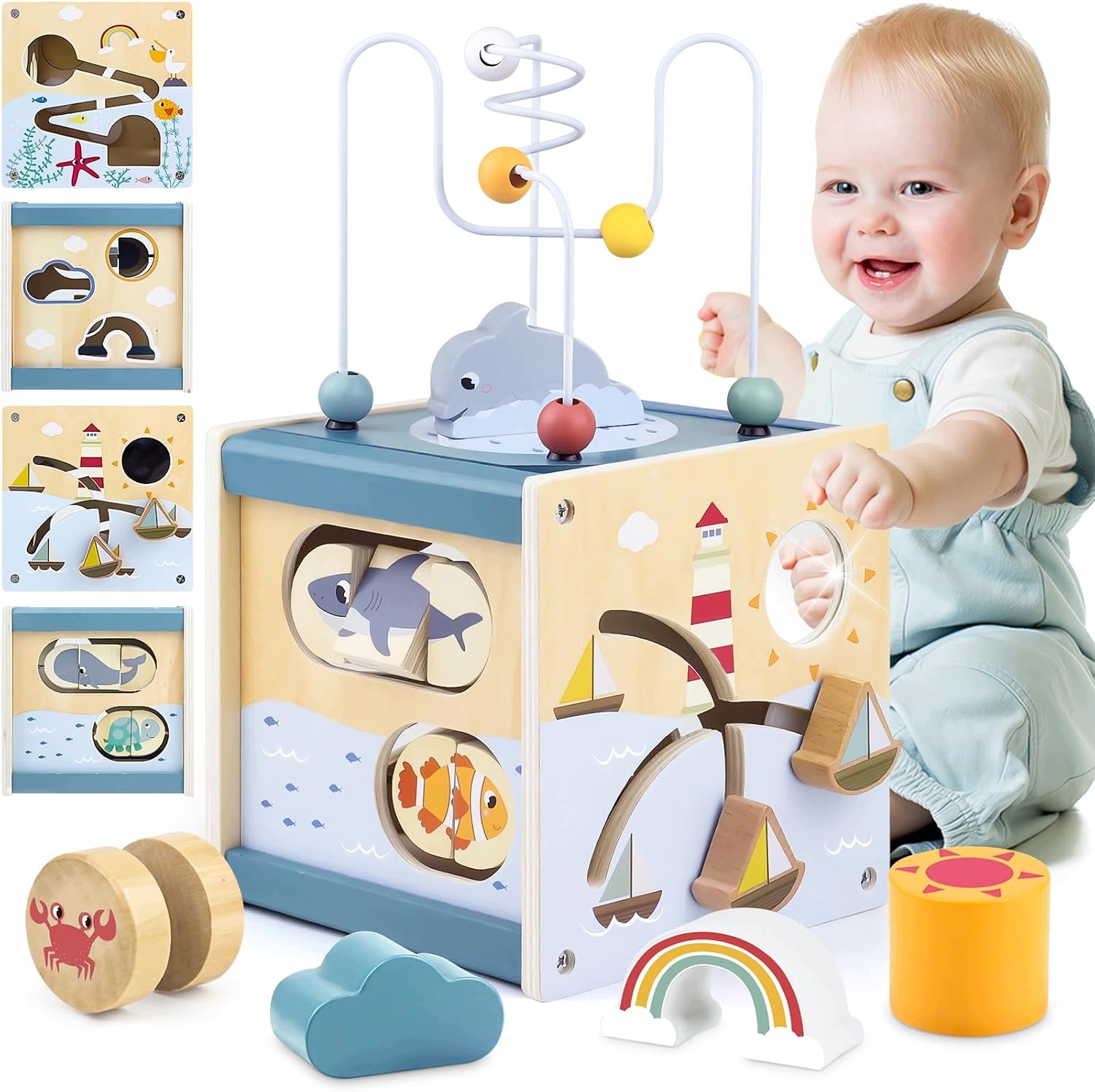 Drewniana kostka edukacyjna Montessori z labiryntem, brązowa, 17 cm