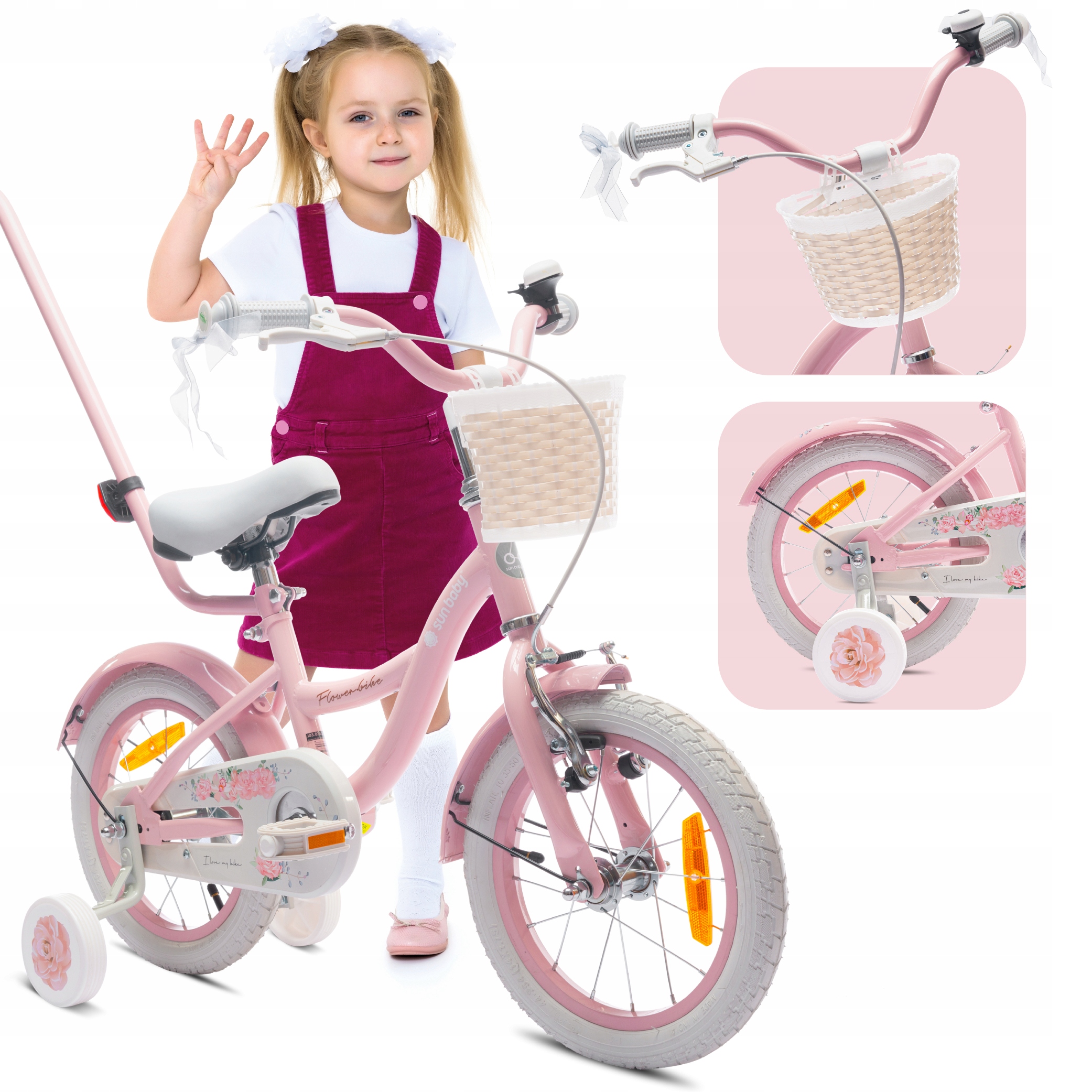 Rower 14 cali dla dziewczynki dziecięcy Pchacz Koszyk Kółka boczne 3-5 lat