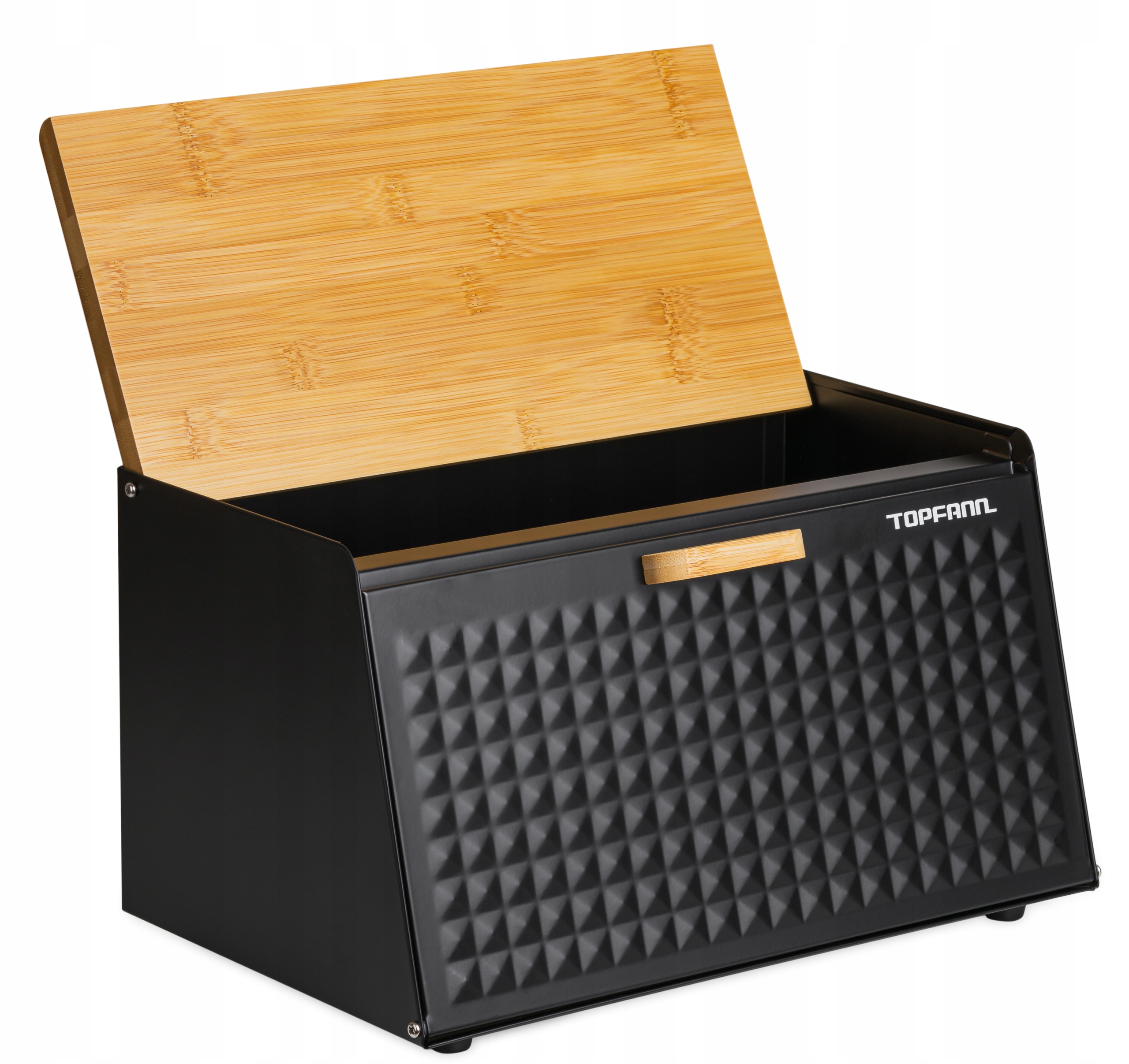 DUŻY CHLEBAK METALOWY Z DESKĄ POJEMNIK NA PIECZYWO CHLEB CZARNY BAMBUSOWY Marka Topfann