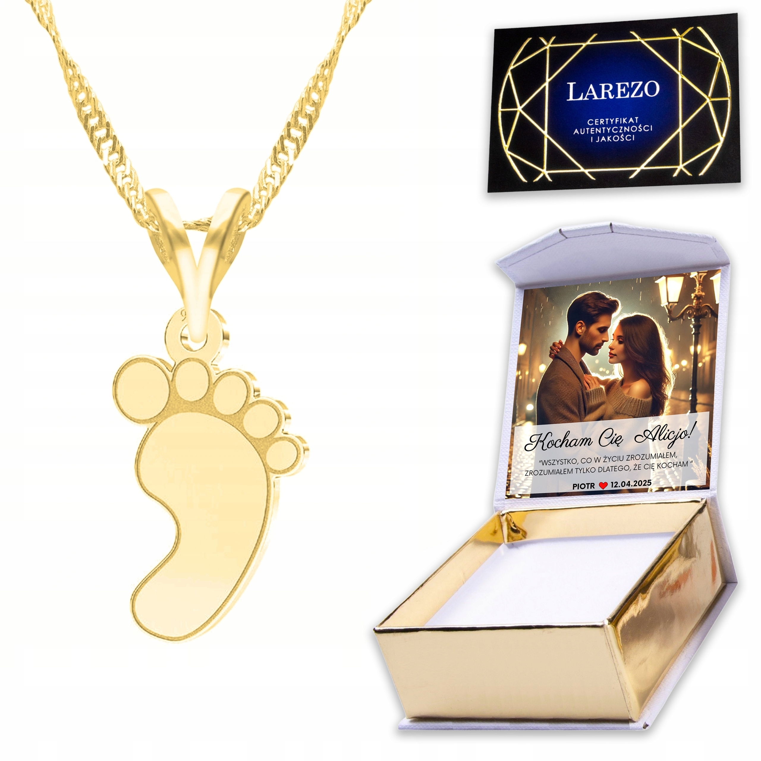 Zlatý náhrdelník 925 s dětskou nohou a chodidlem Dětská noha Plechovka Potisk