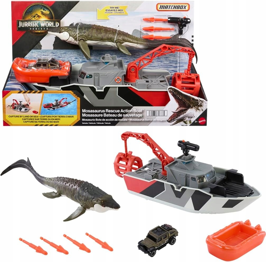 Jurassic World Odrodzenie Dinozaur Mozazaur i łódź ratunkowa