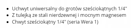 UCHWYT MAGNETYCZNY STAL. DO BITÓW 1/4'' 50MM WERA Marka Wera
