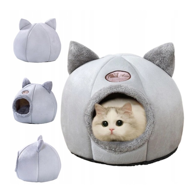 Levně Domeček Pro Kočky Šedá Budka Pelíšek Plyšové Na Zimu Měkké Potah Buda